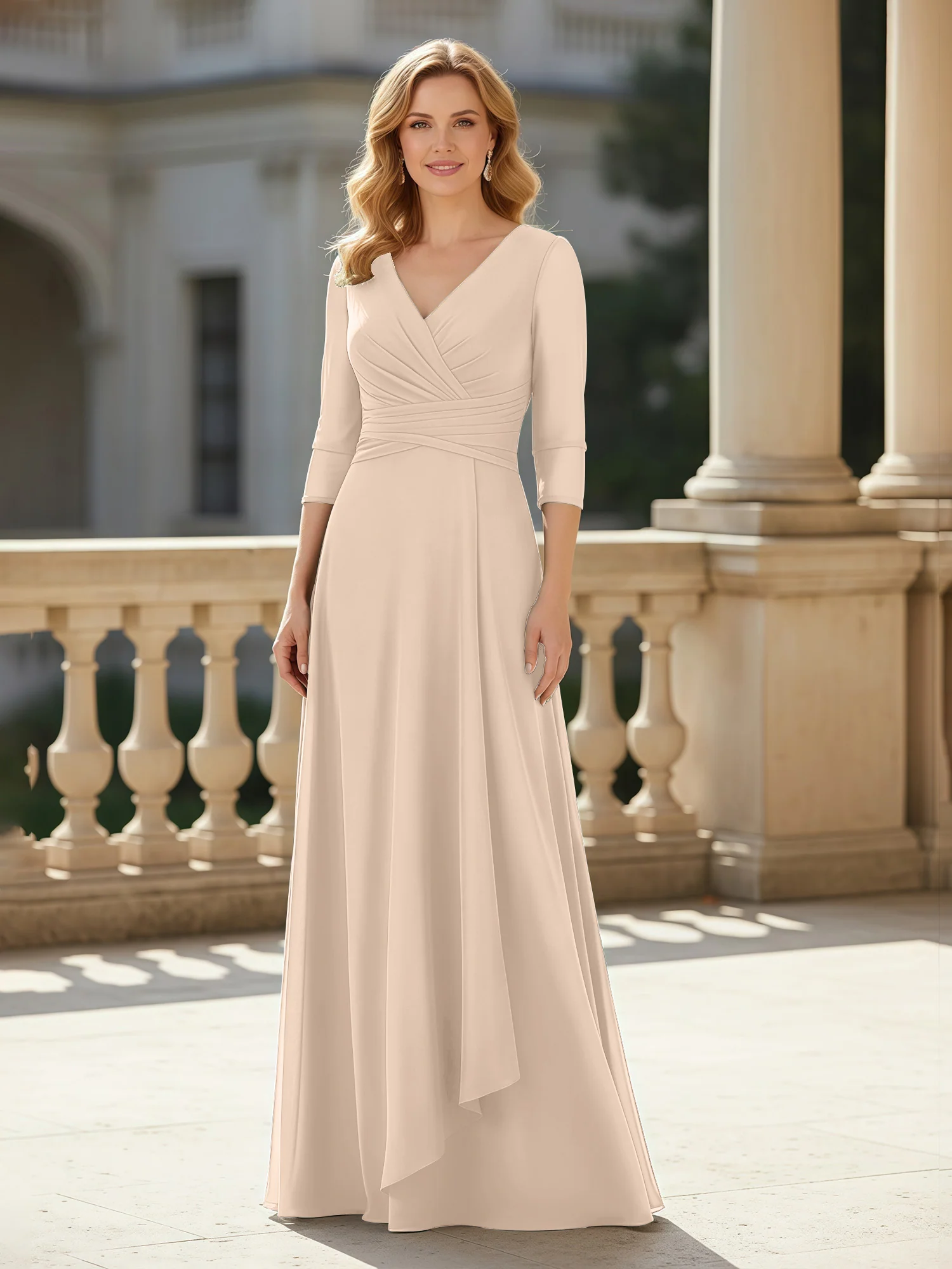 3/4 Sleeves Pleated V-neck Chiffon Floor-length Dress Peach