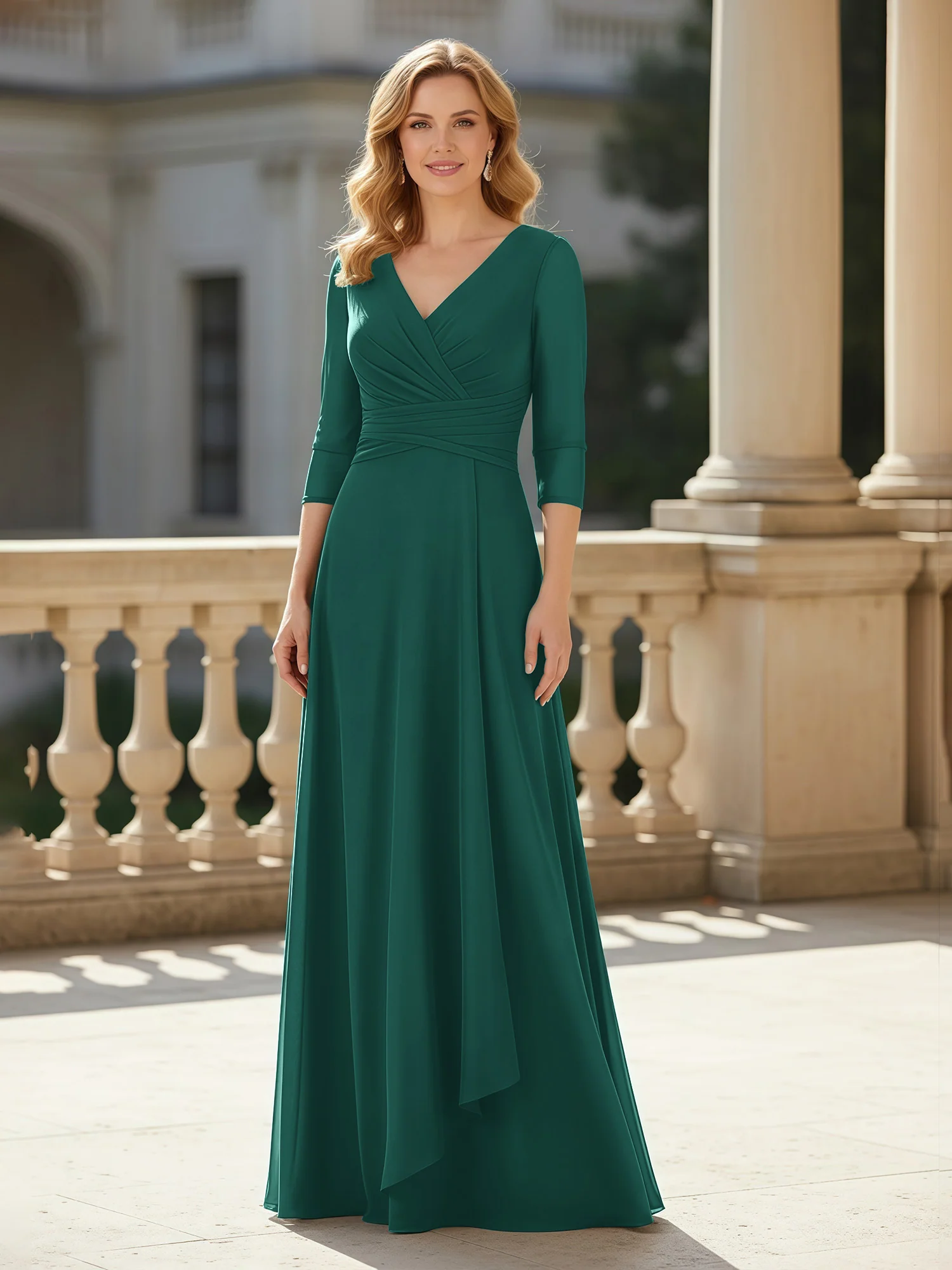 3/4 Sleeves Pleated V-neck Chiffon Floor-length Dress Peacock