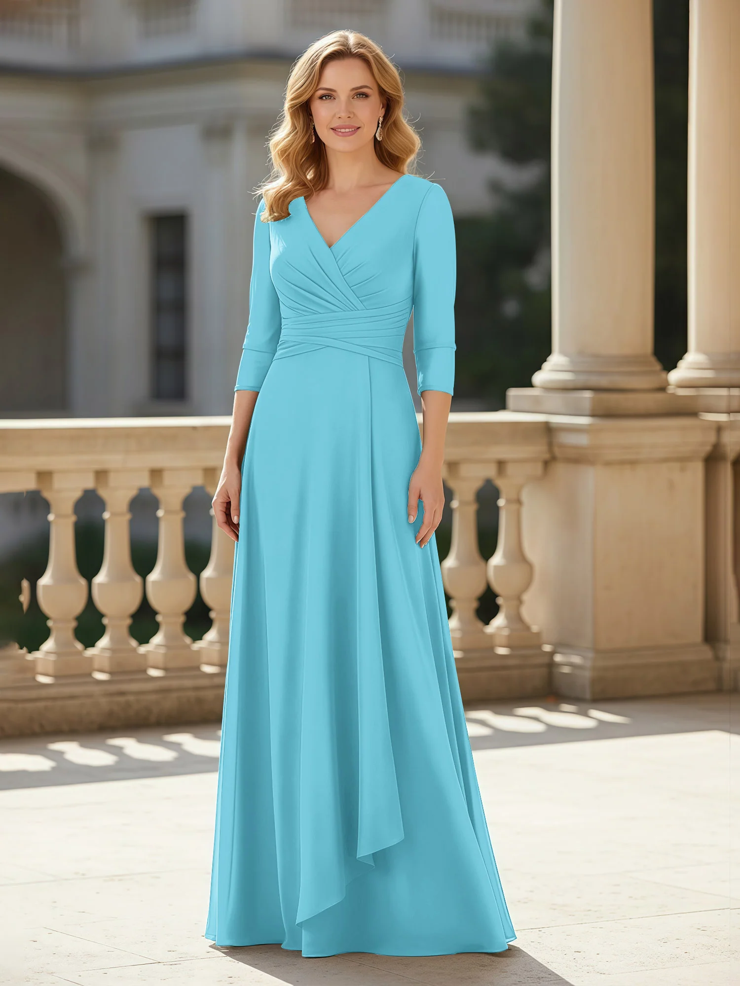 3/4 Sleeves Pleated V-neck Chiffon Floor-length Dress Pool