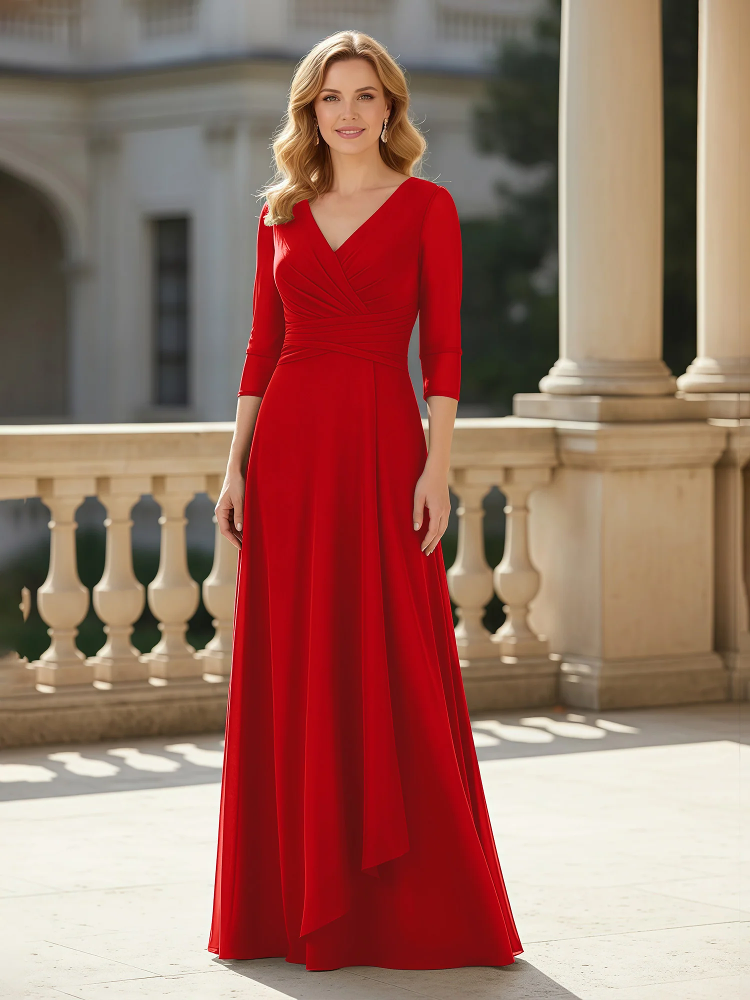 3/4 Sleeves Pleated V-neck Chiffon Floor-length Dress Red