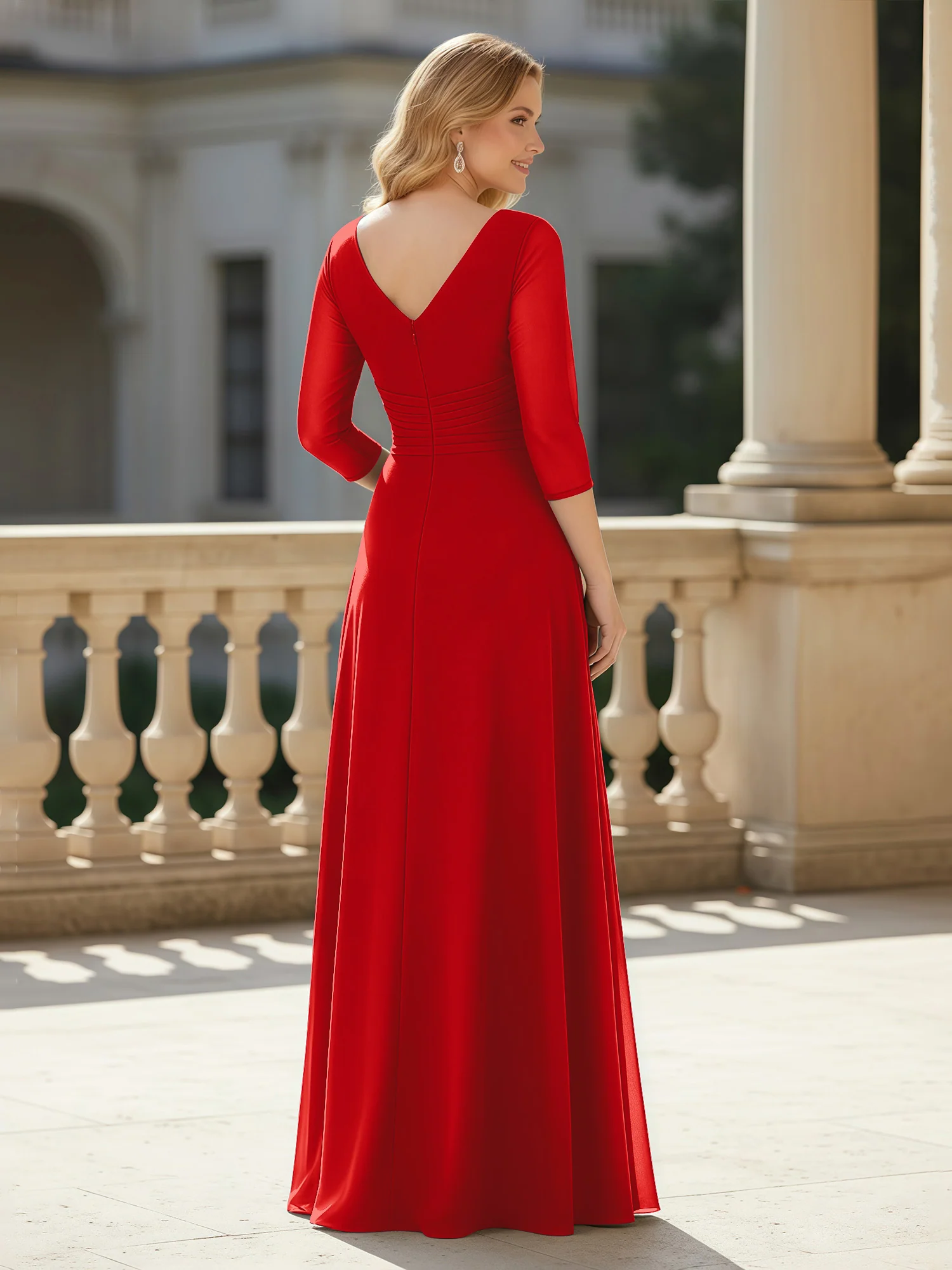 3/4 Sleeves Pleated V-neck Chiffon Floor-length Dress Red - Image 2
