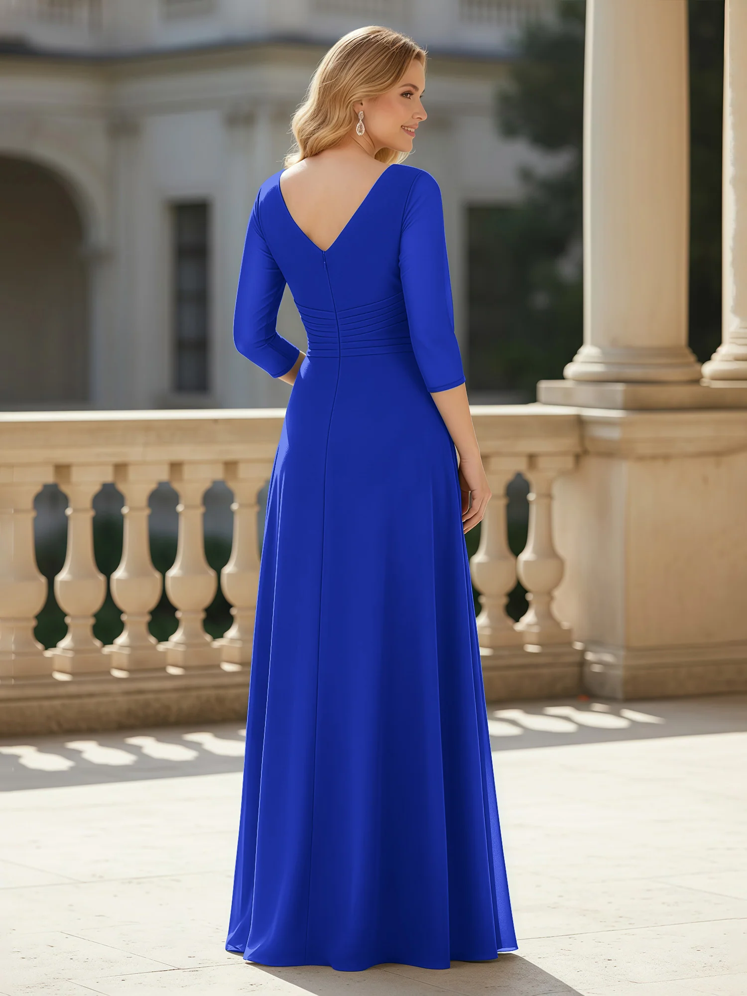 3/4 Sleeves Pleated V-neck Chiffon Floor-length Dress Royal Blue - Image 2