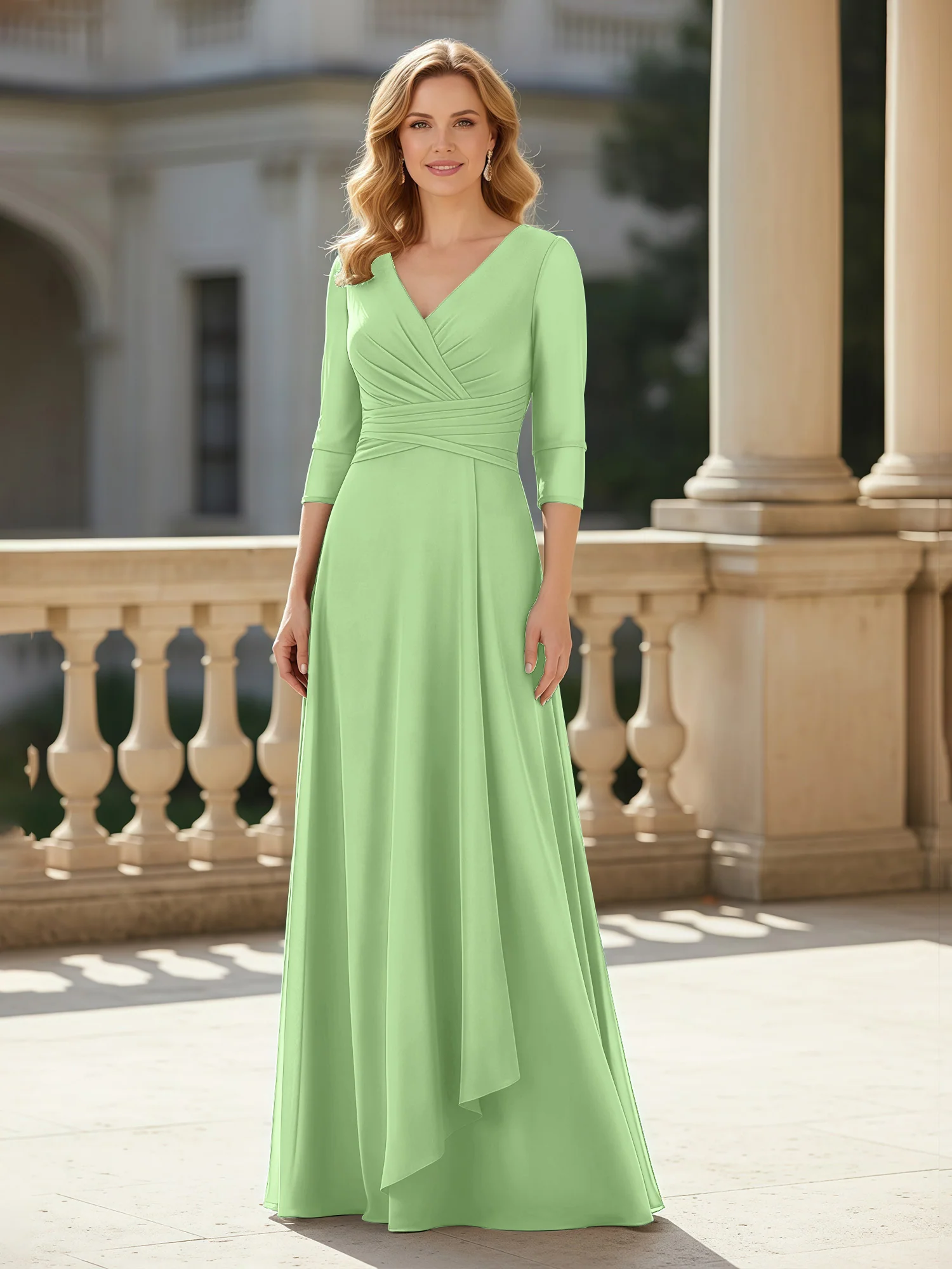 3/4 Sleeves Pleated V-neck Chiffon Floor-length Dress Sage