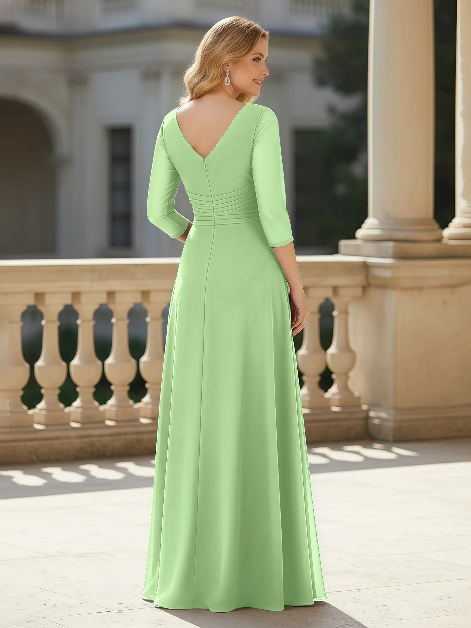 3/4 Sleeves Pleated V-neck Chiffon Floor-length Dress Sage - Image 2