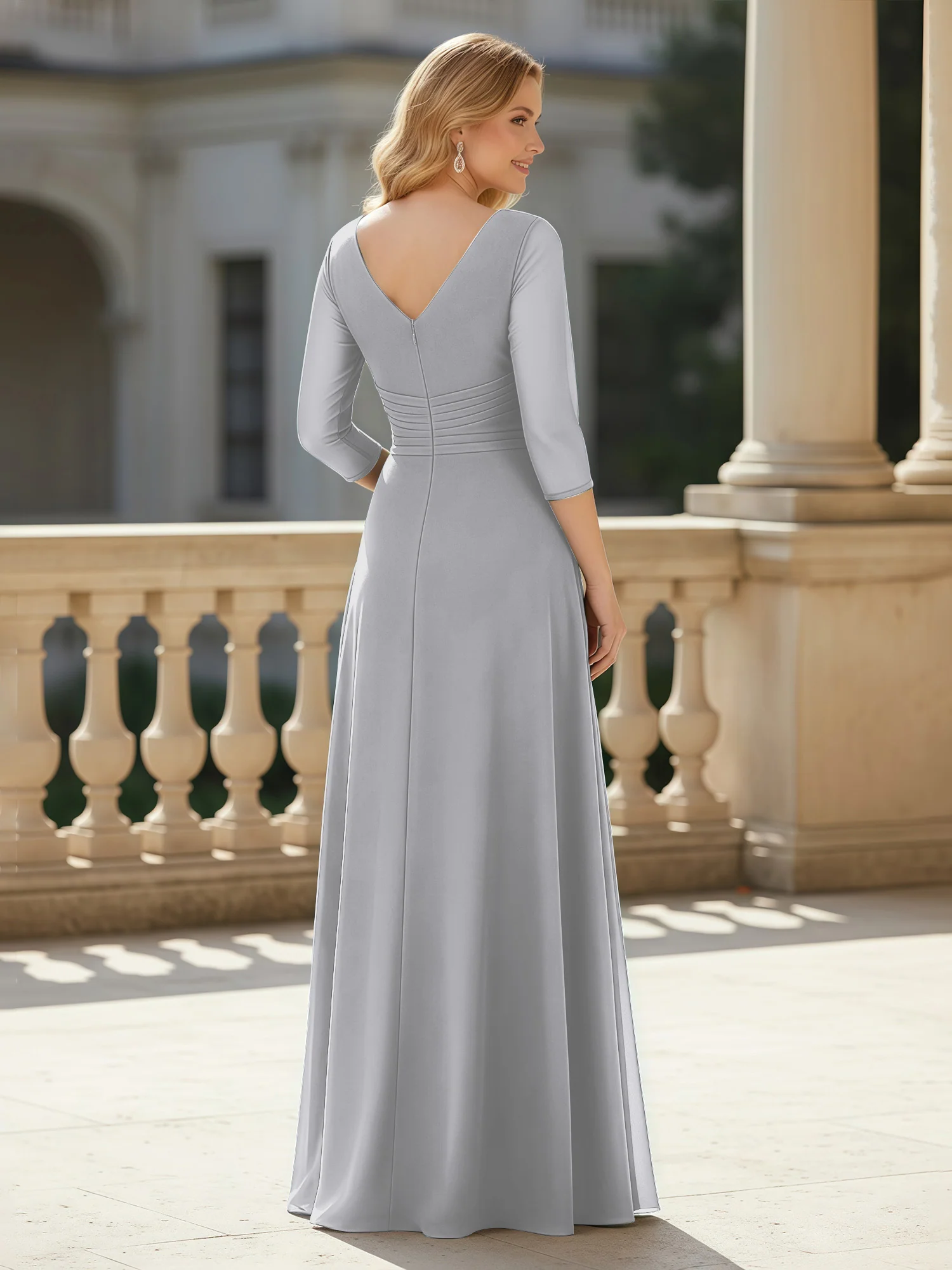 3/4 Sleeves Pleated V-neck Chiffon Floor-length Dress Silver - Image 2