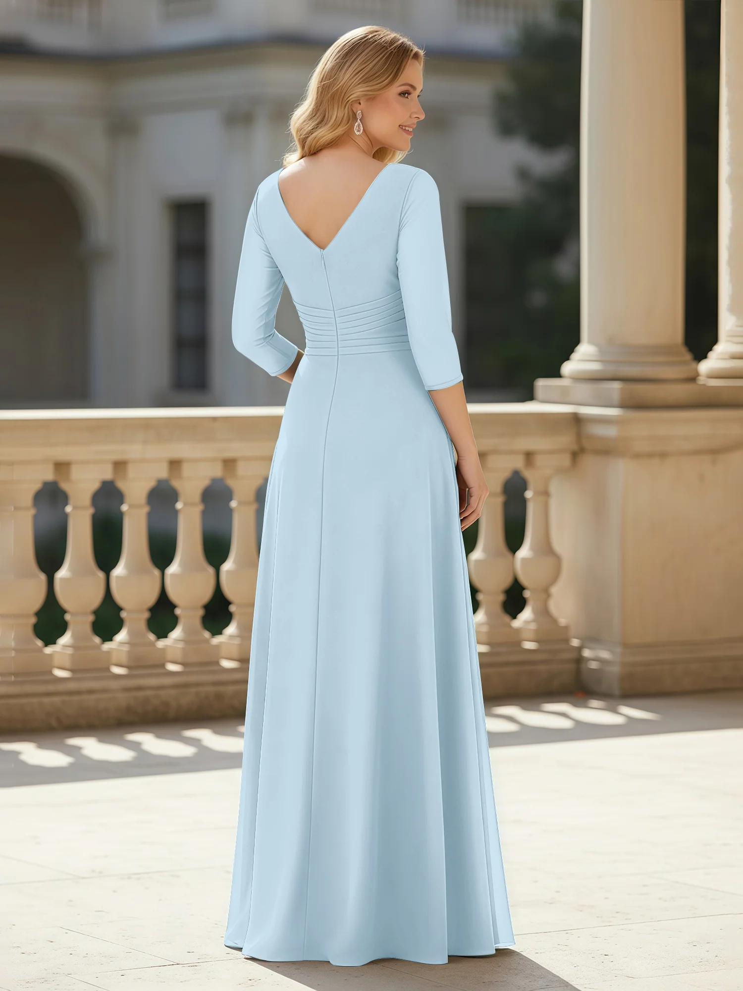 3/4 Sleeves Pleated V-neck Chiffon Floor-length Dress Sky Blue - Image 2