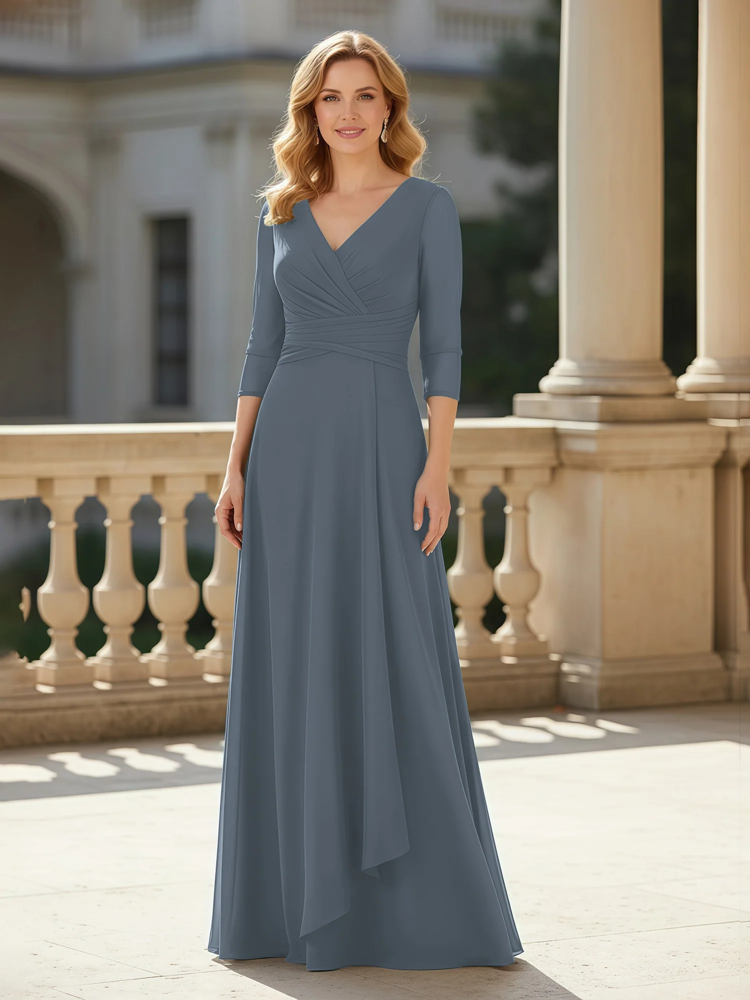 3/4 Sleeves Pleated V-neck Chiffon Floor-length Dress Slate Blue
