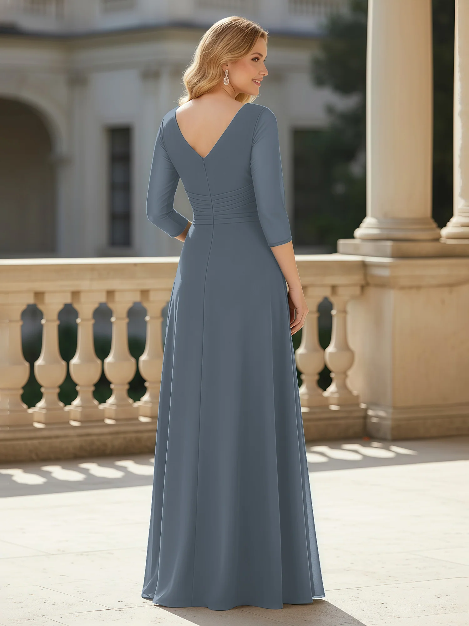 3/4 Sleeves Pleated V-neck Chiffon Floor-length Dress Slate Blue - Image 2
