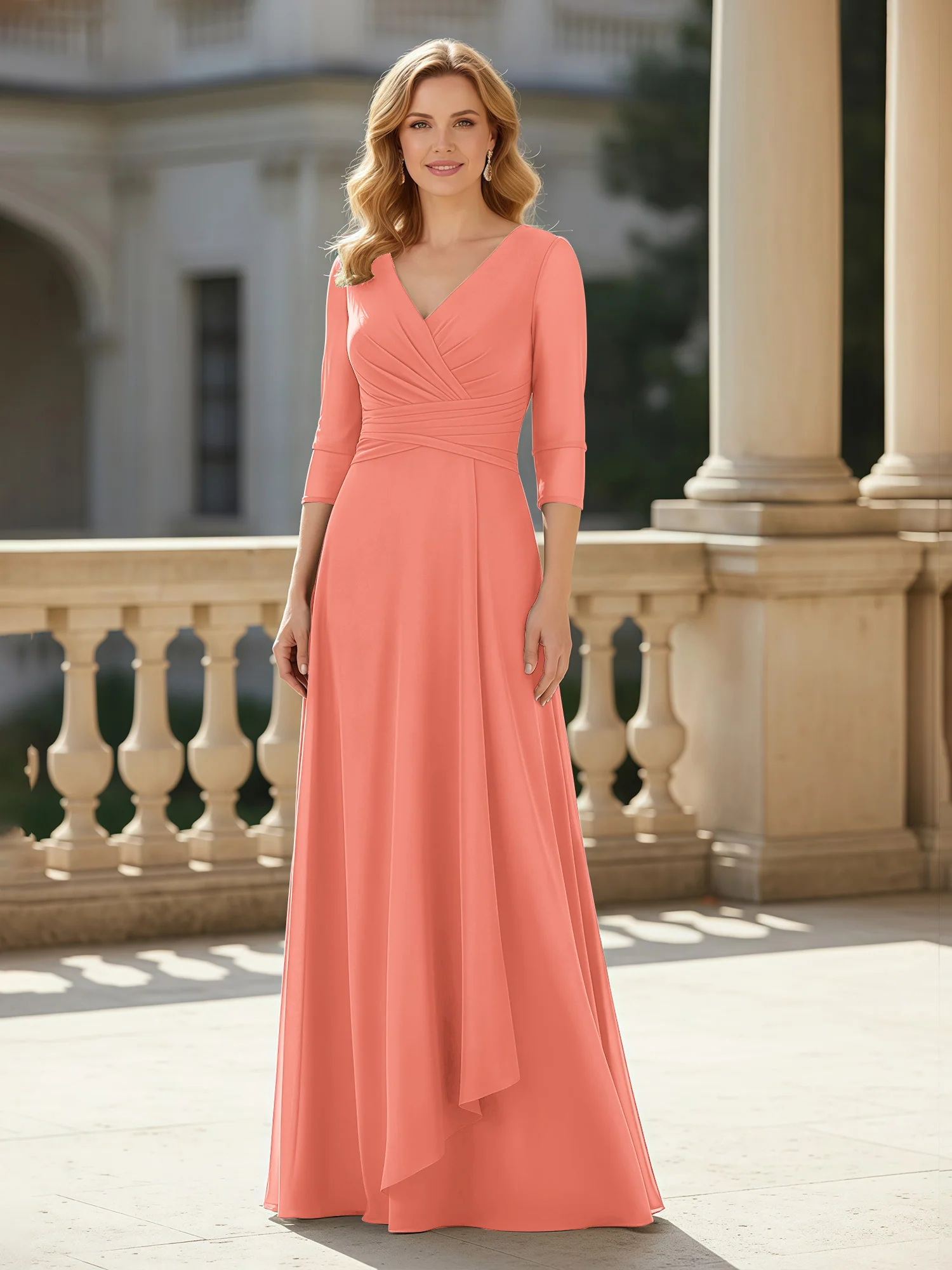 3/4 Sleeves Pleated V-neck Chiffon Floor-length Dress Sunset