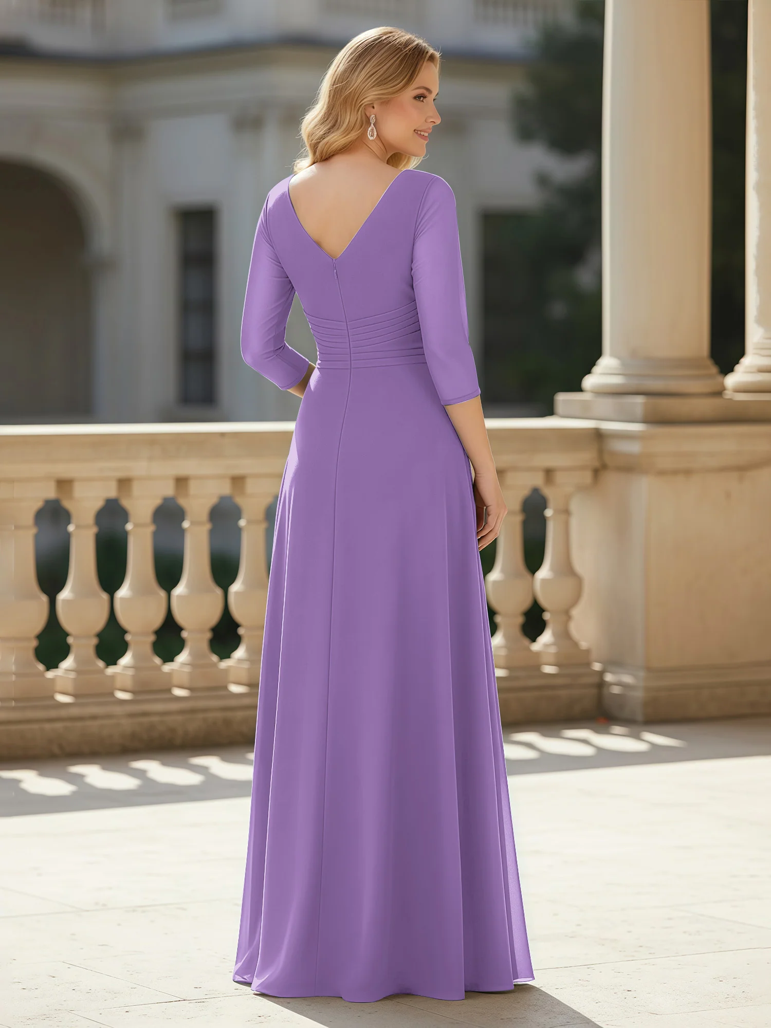 3/4 Sleeves Pleated V-neck Chiffon Floor-length Dress Tahiti - Image 2