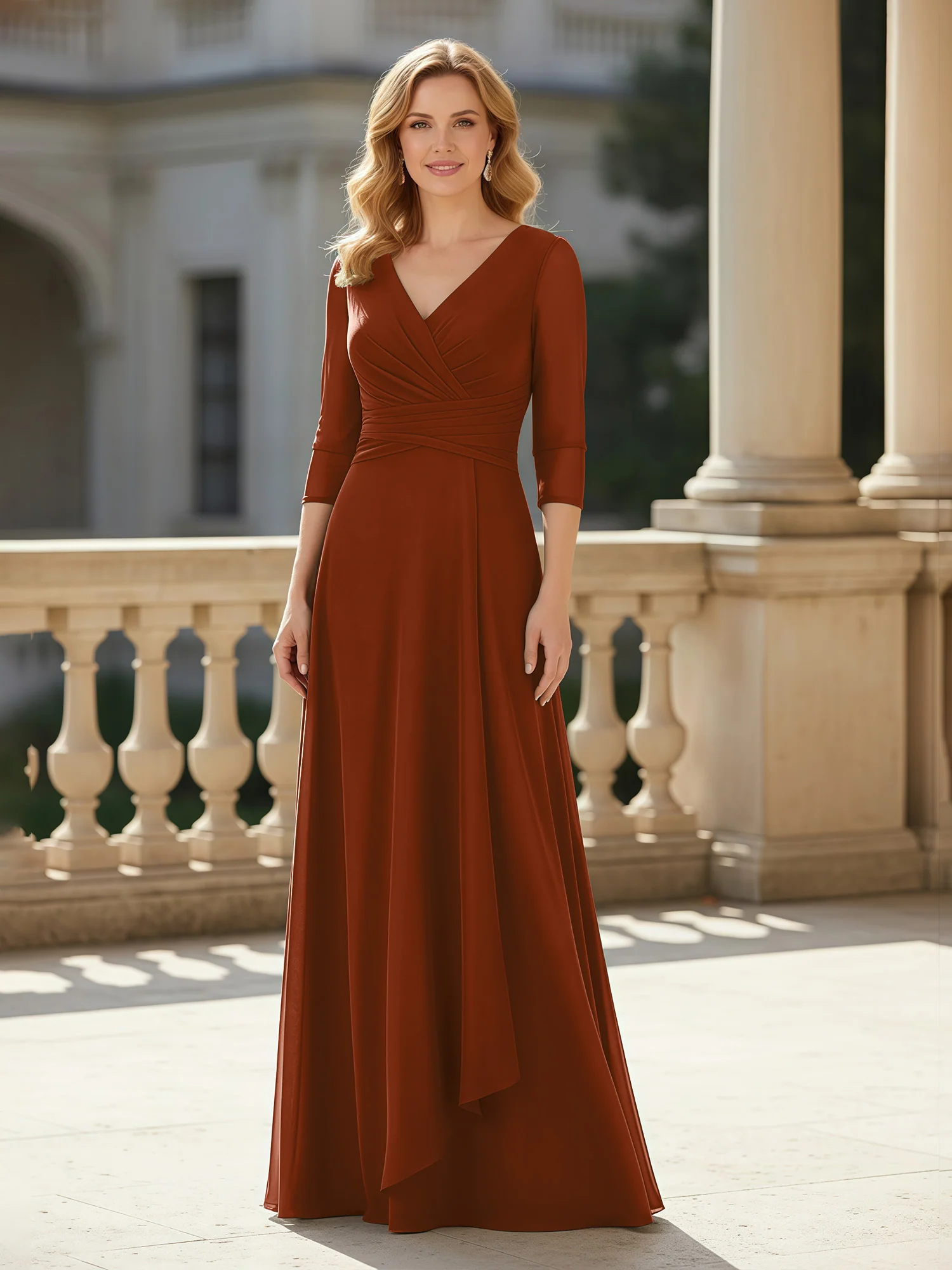 3/4 Sleeves Pleated V-neck Chiffon Floor-length Dress Terracotta