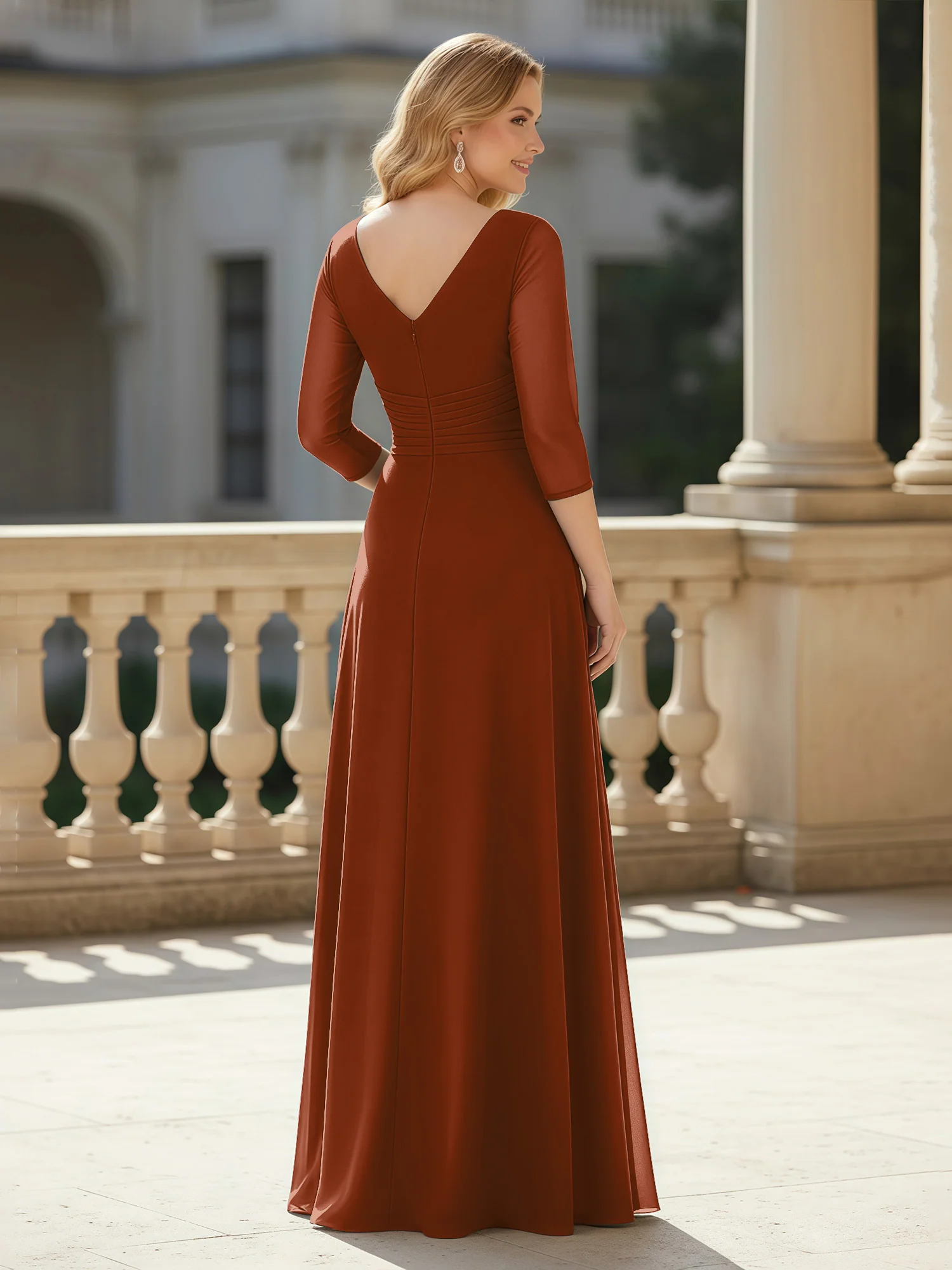 3/4 Sleeves Pleated V-neck Chiffon Floor-length Dress Terracotta - Image 2