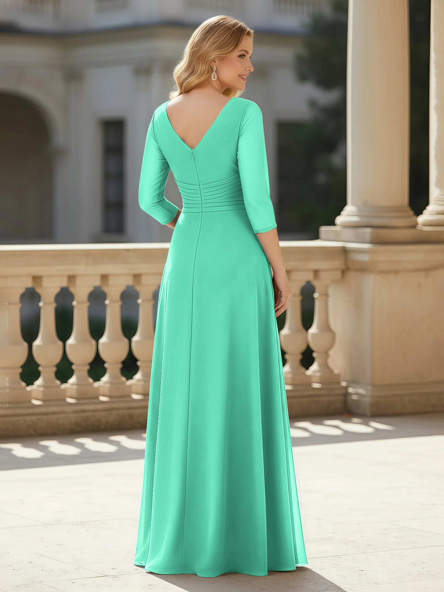 3/4 Sleeves Pleated V-neck Chiffon Floor-length Dress Turquoise - Image 2