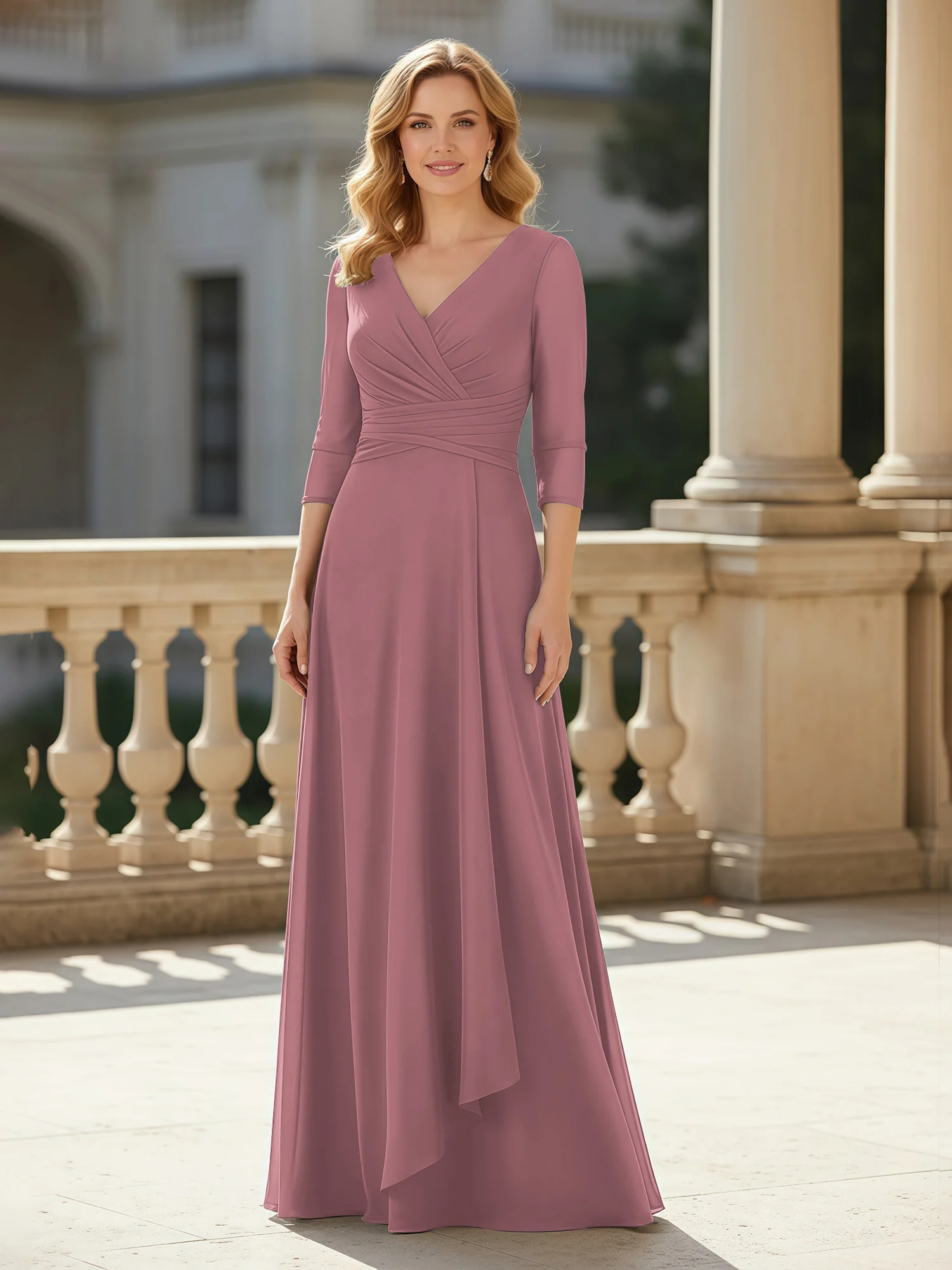 3/4 Sleeves Pleated V-neck Chiffon Floor-length Dress Vintage Mauve