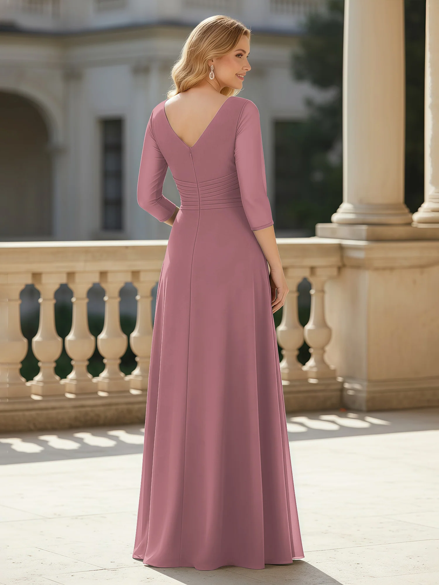 3/4 Sleeves Pleated V-neck Chiffon Floor-length Dress Vintage Mauve - Image 2