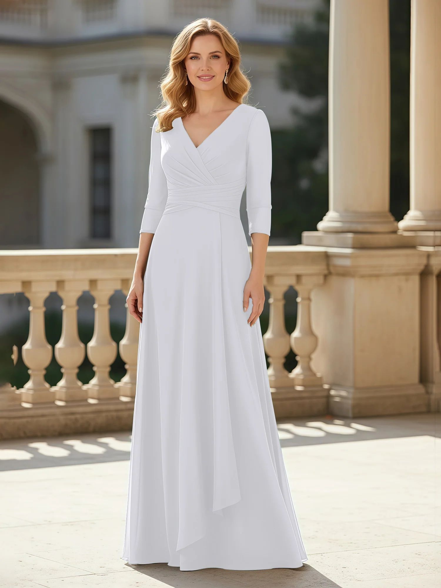 3/4 Sleeves Pleated V-neck Chiffon Floor-length Dress White
