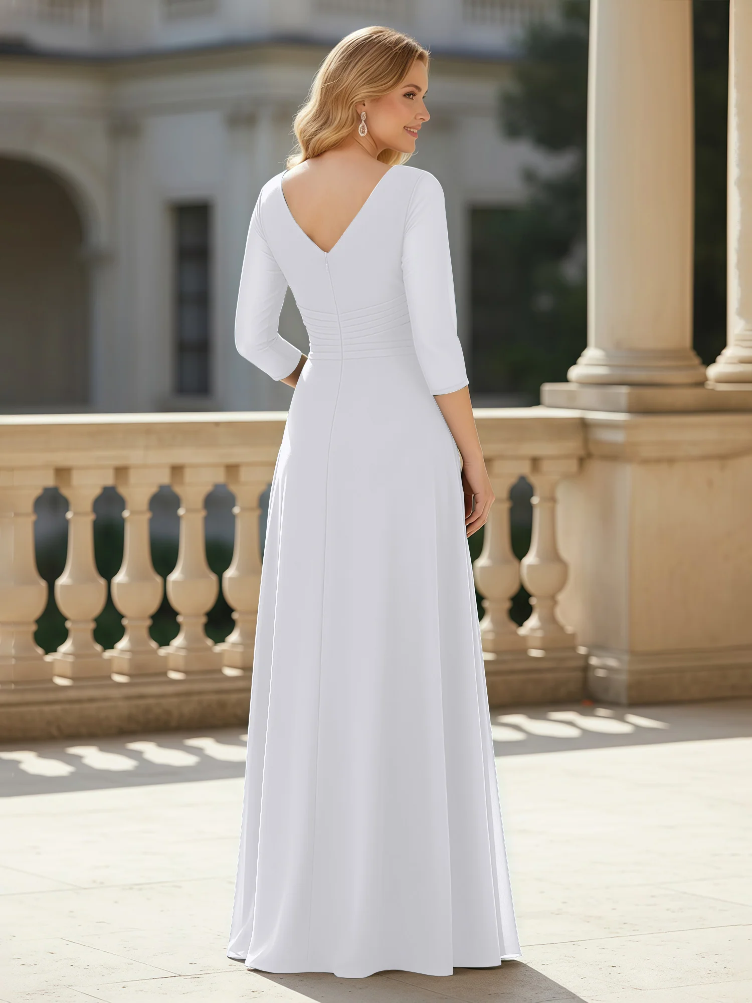 3/4 Sleeves Pleated V-neck Chiffon Floor-length Dress White - Image 2