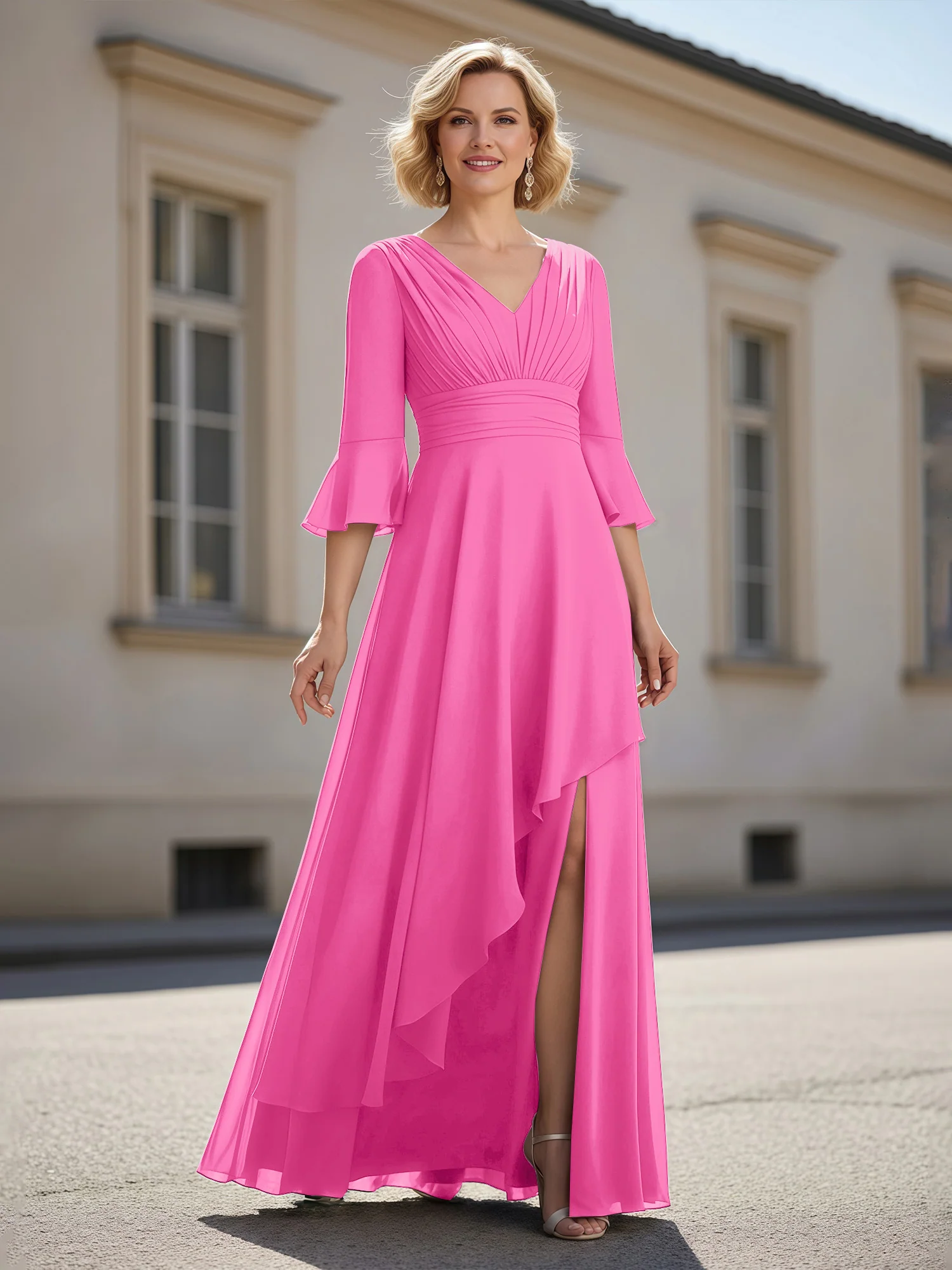 3/4 Sleeves Pleated V-neck Ruffles A-Line Dress Azalea