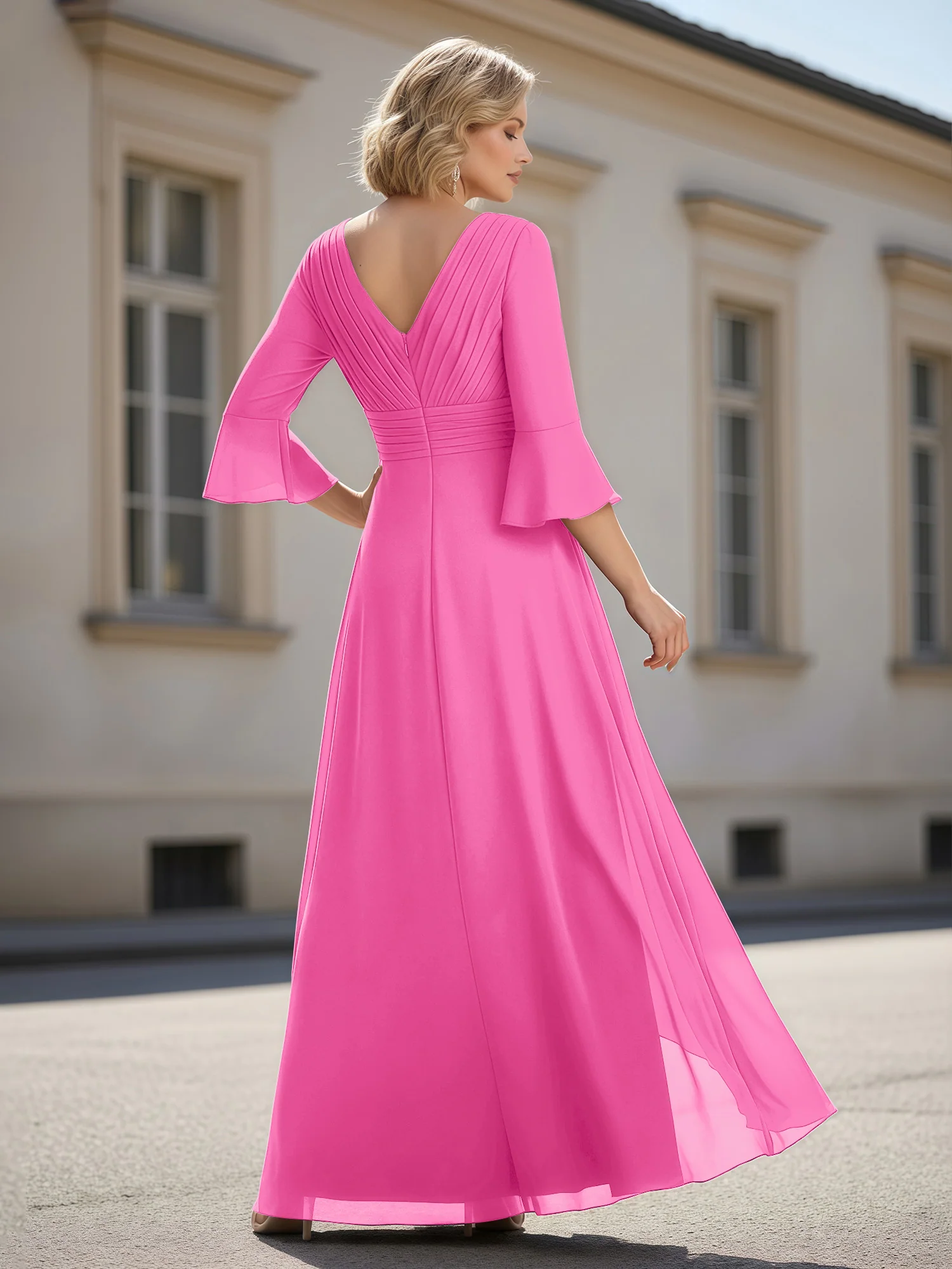 3/4 Sleeves Pleated V-neck Ruffles A-Line Dress Azalea - Image 2