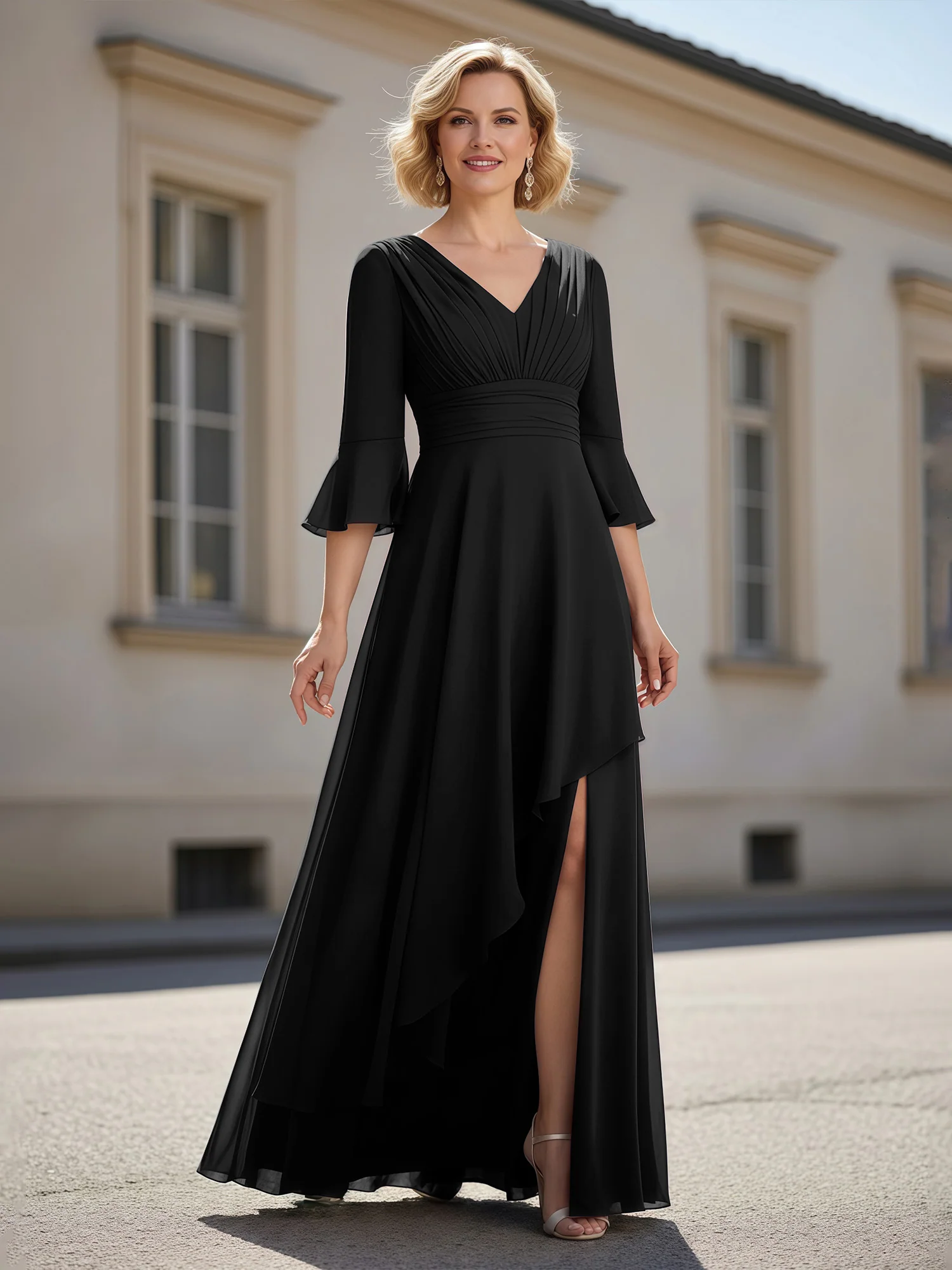 3/4 Sleeves Pleated V-neck Ruffles A-Line Dress Black