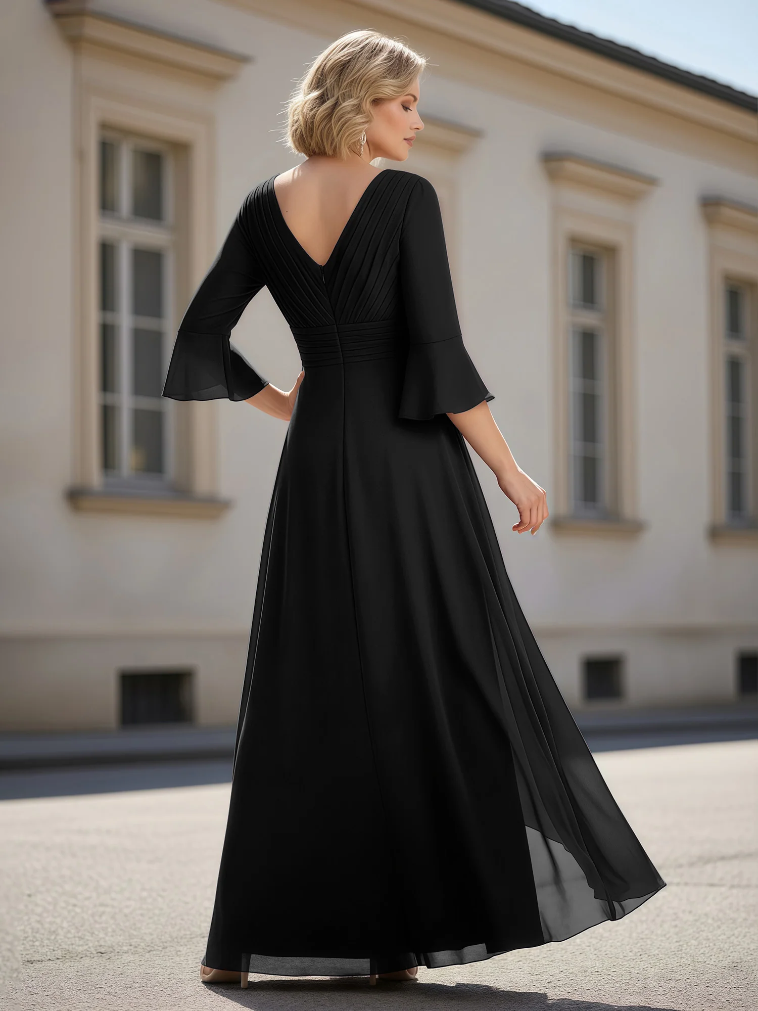 3/4 Sleeves Pleated V-neck Ruffles A-Line Dress Black - Image 2