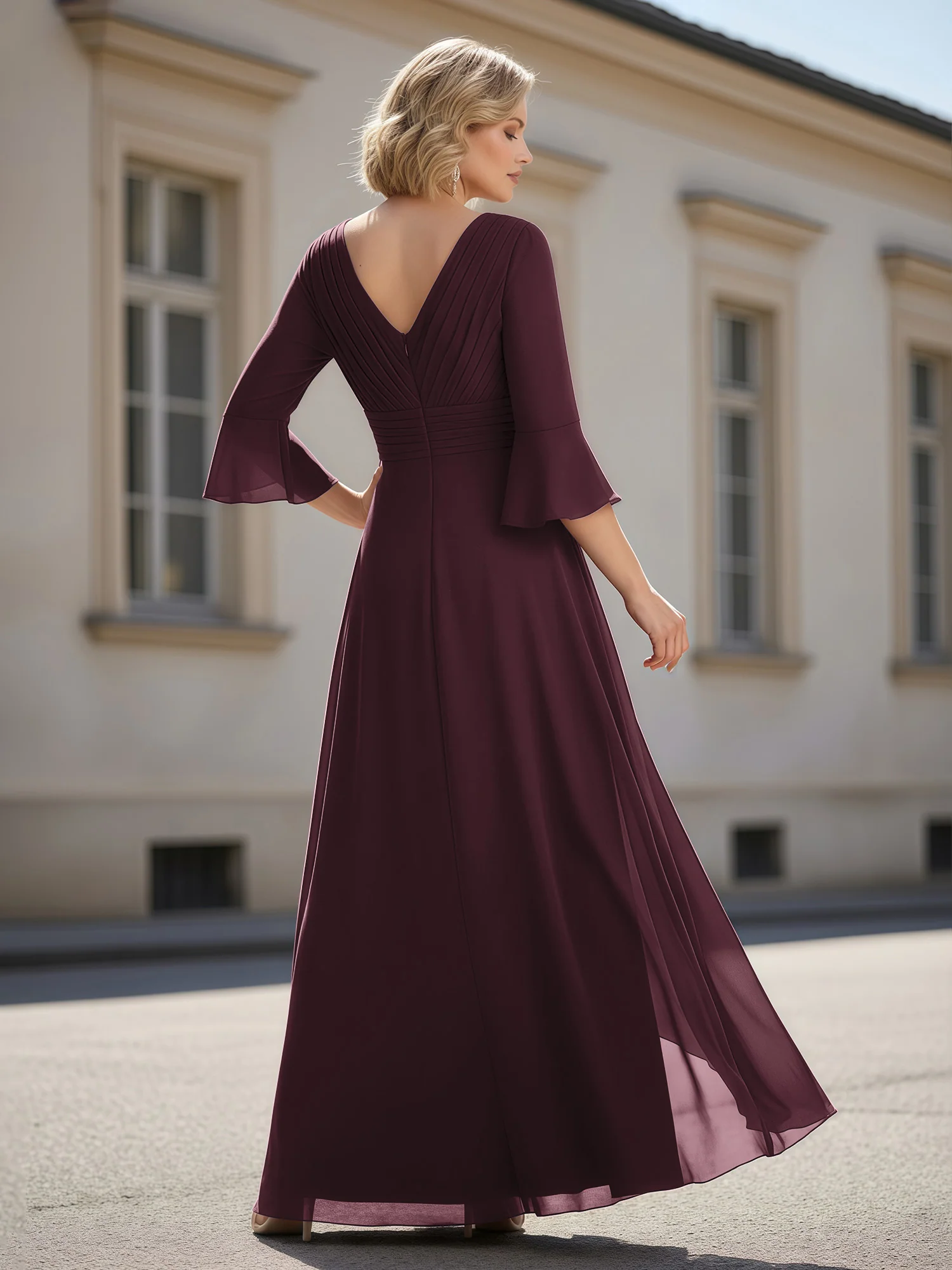 3/4 Sleeves Pleated V-neck Ruffles A-Line Dress Cabernet - Image 2