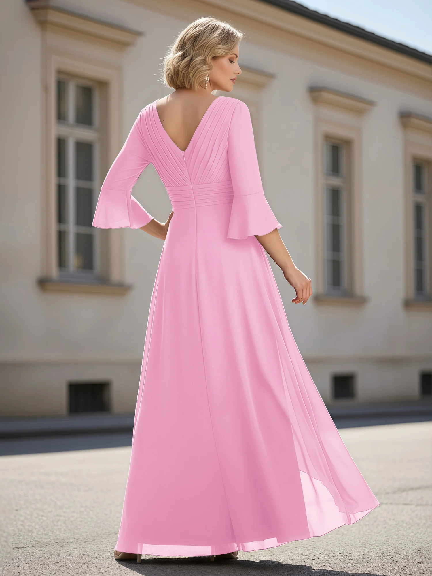 3/4 Sleeves Pleated V-neck Ruffles A-Line Dress Candy Pink - Image 2