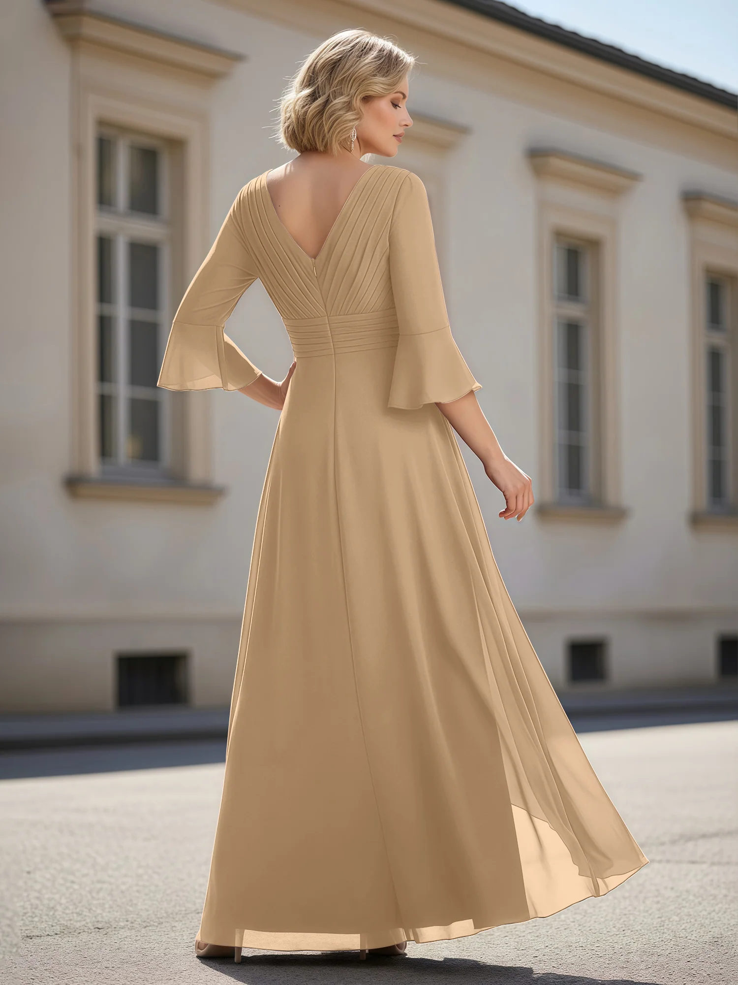 3/4 Sleeves Pleated V-neck Ruffles A-Line Dress Champagne - Image 2