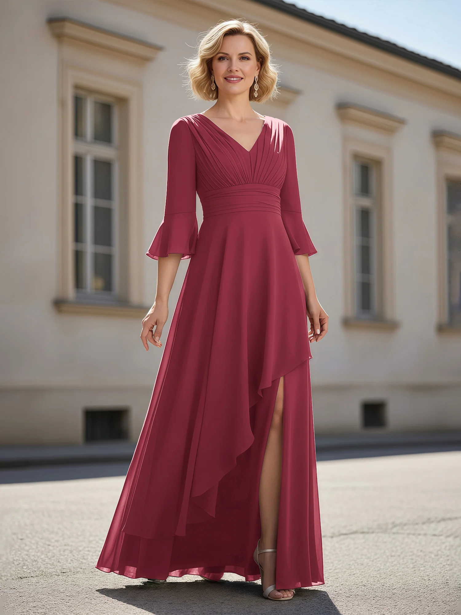 3/4 Sleeves Pleated V-neck Ruffles A-Line Dress Cinnamon Rose