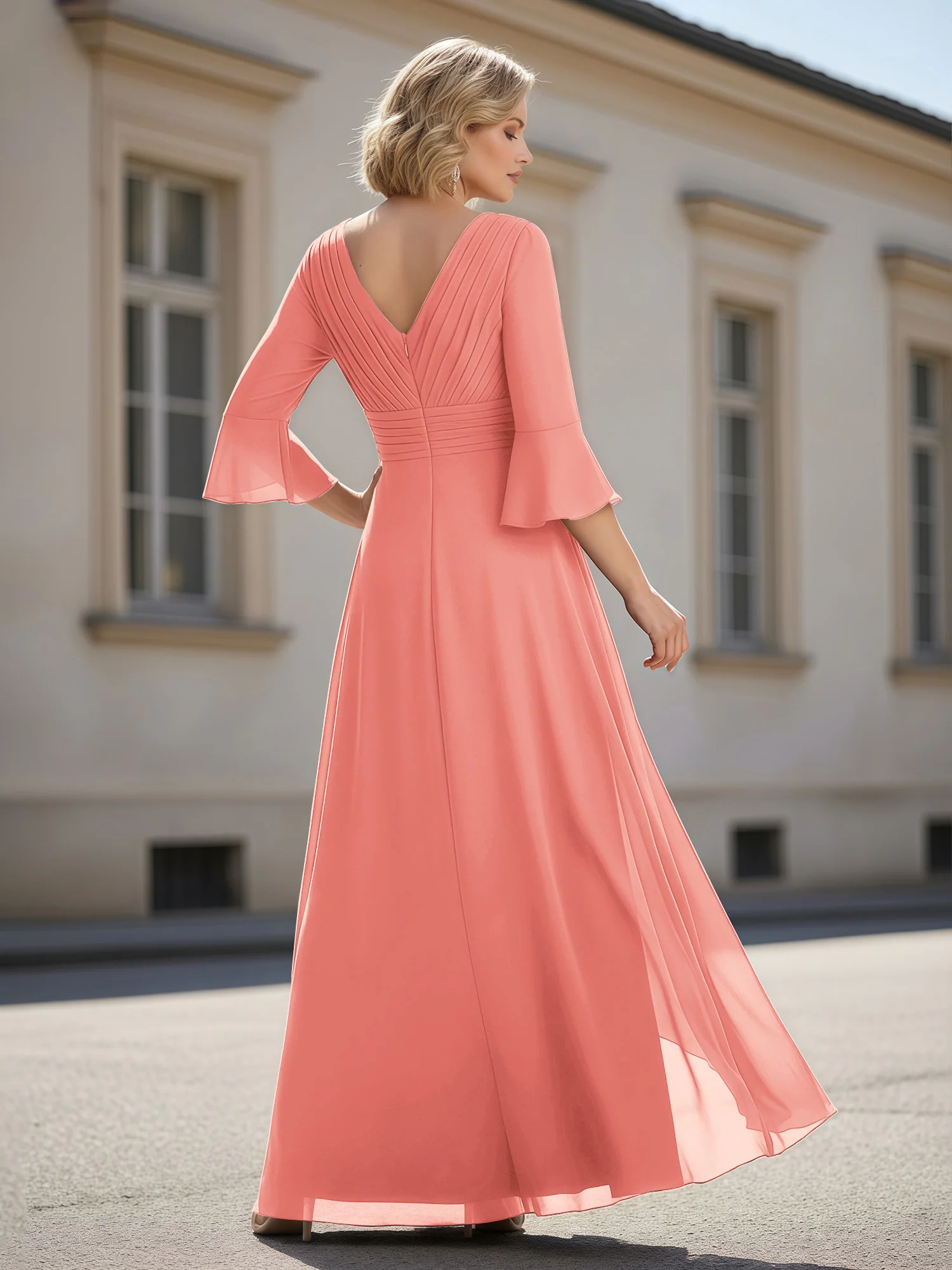3/4 Sleeves Pleated V-neck Ruffles A-Line Dress Coral - Image 2