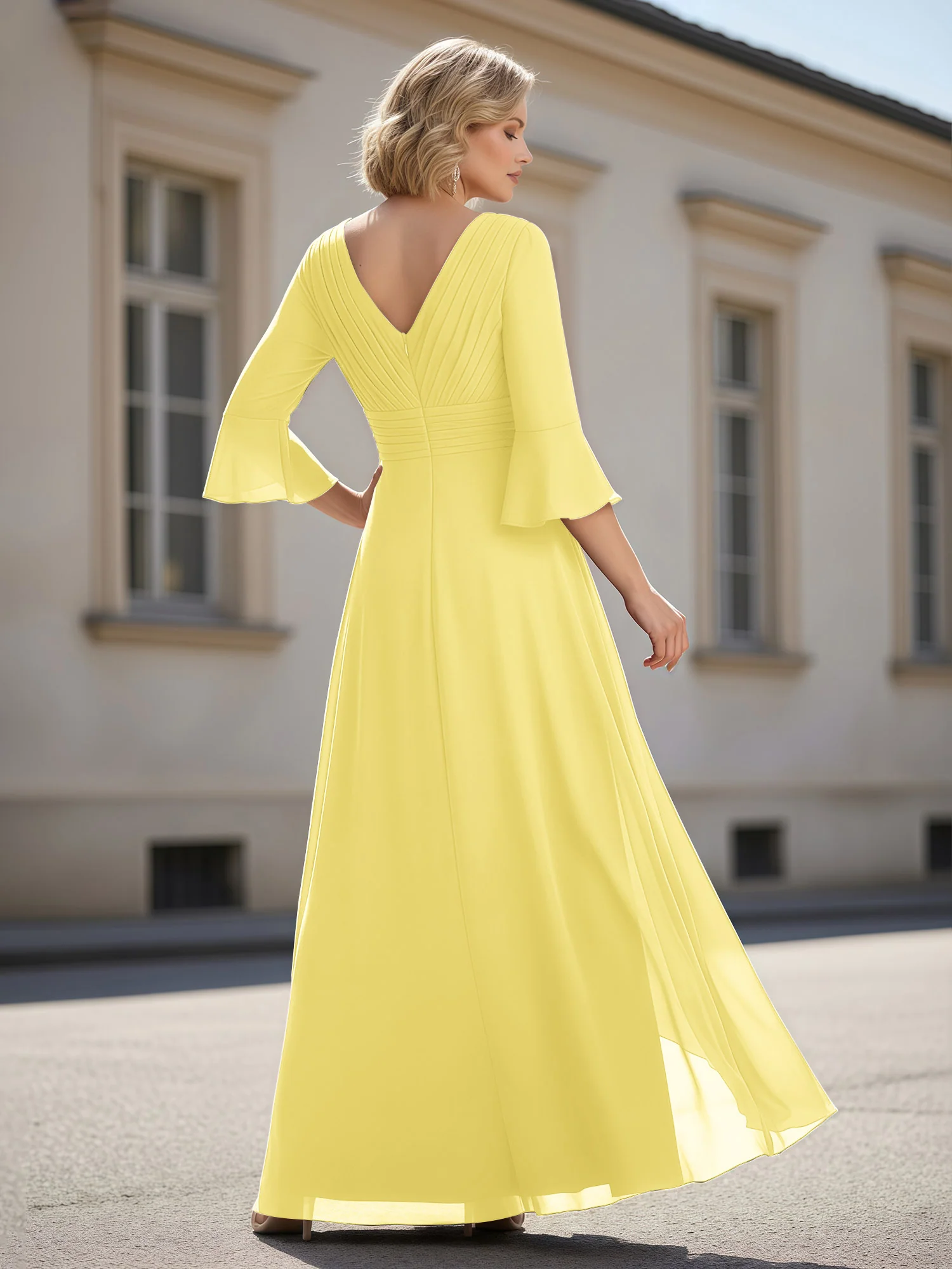 3/4 Sleeves Pleated V-neck Ruffles A-Line Dress Daffodil - Image 2