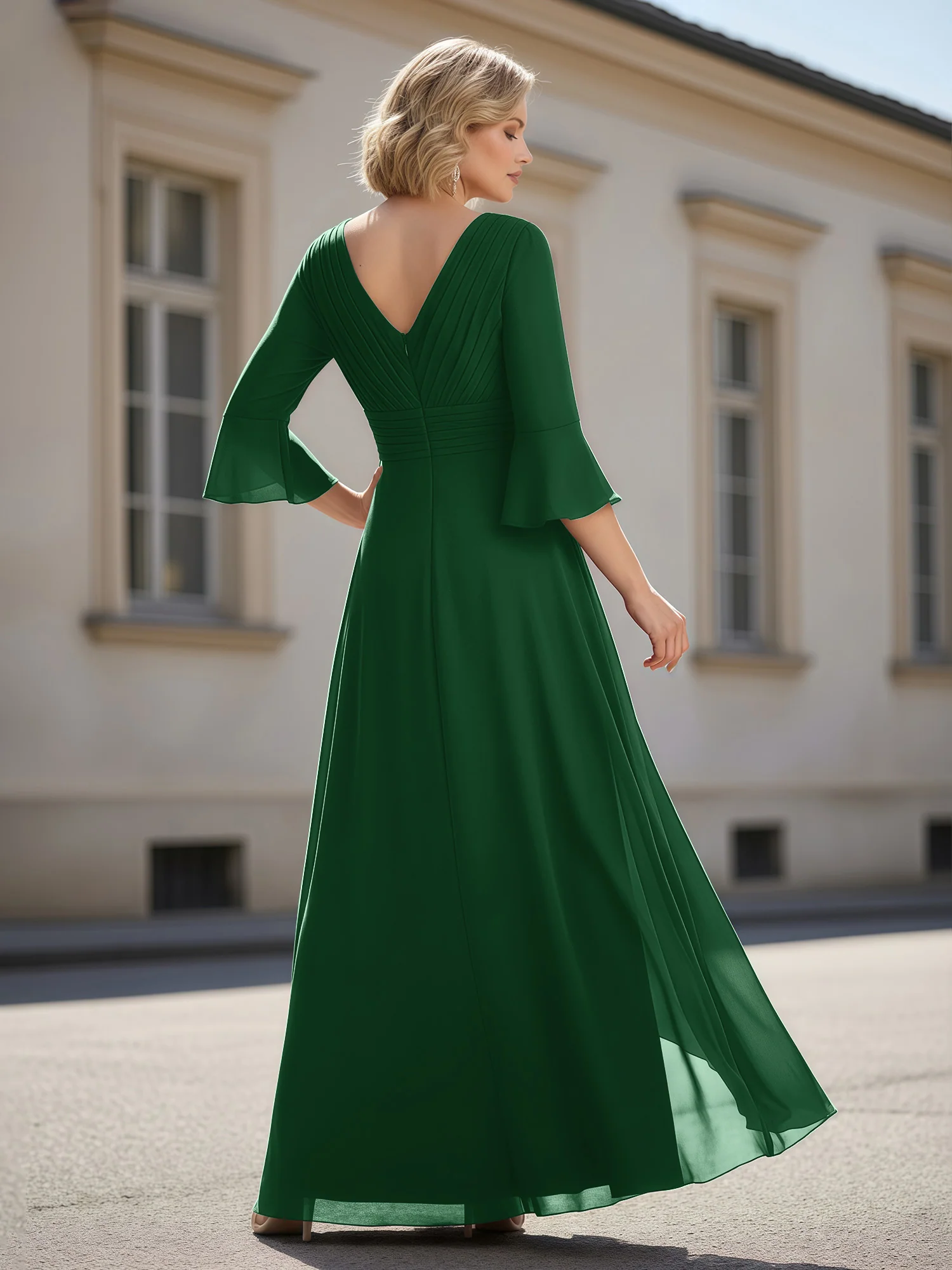 3/4 Sleeves Pleated V-neck Ruffles A-Line Dress Dark Green - Image 2