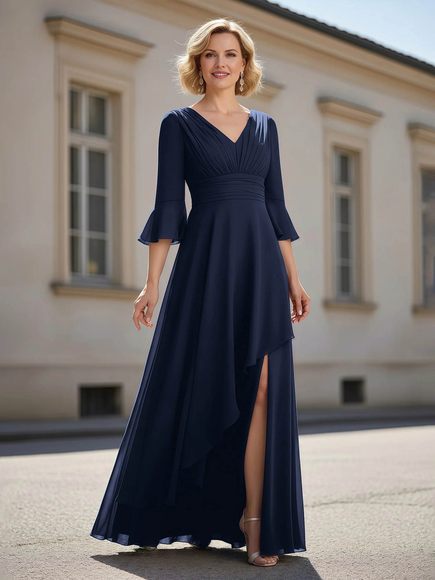 3/4 Sleeves Pleated V-neck Ruffles A-Line Dress Dark Navy