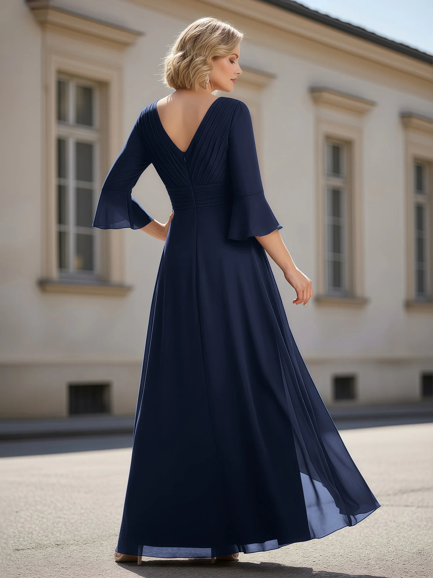 3/4 Sleeves Pleated V-neck Ruffles A-Line Dress Dark Navy - Image 2