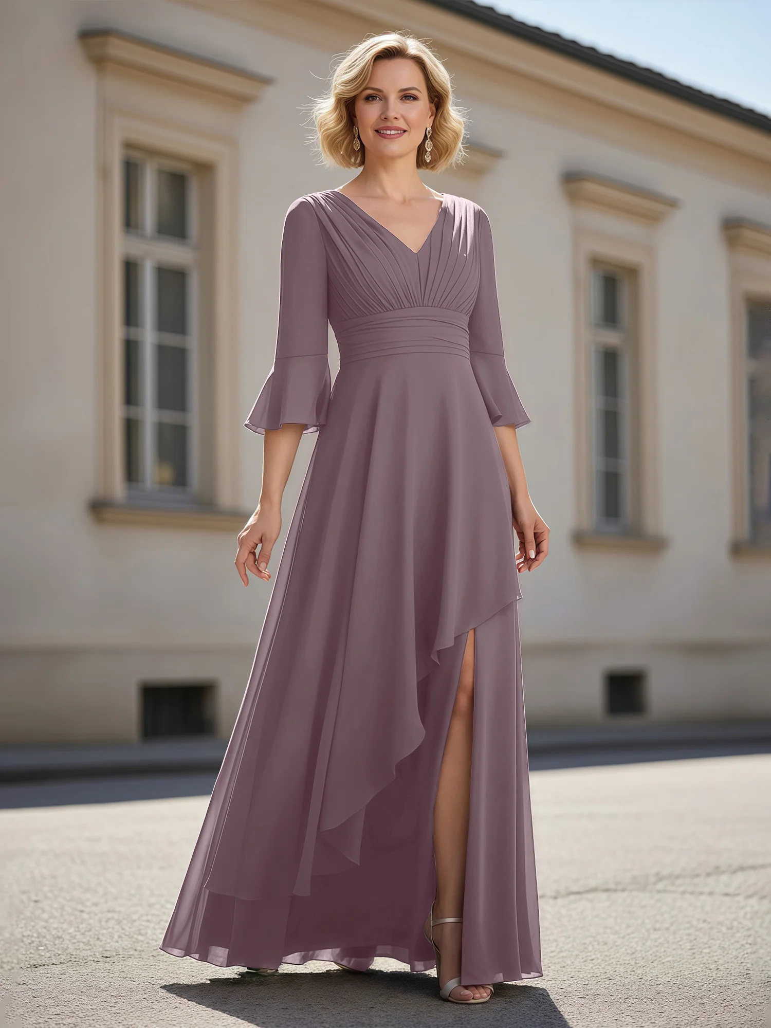 3/4 Sleeves Pleated V-neck Ruffles A-Line Dress Dusk