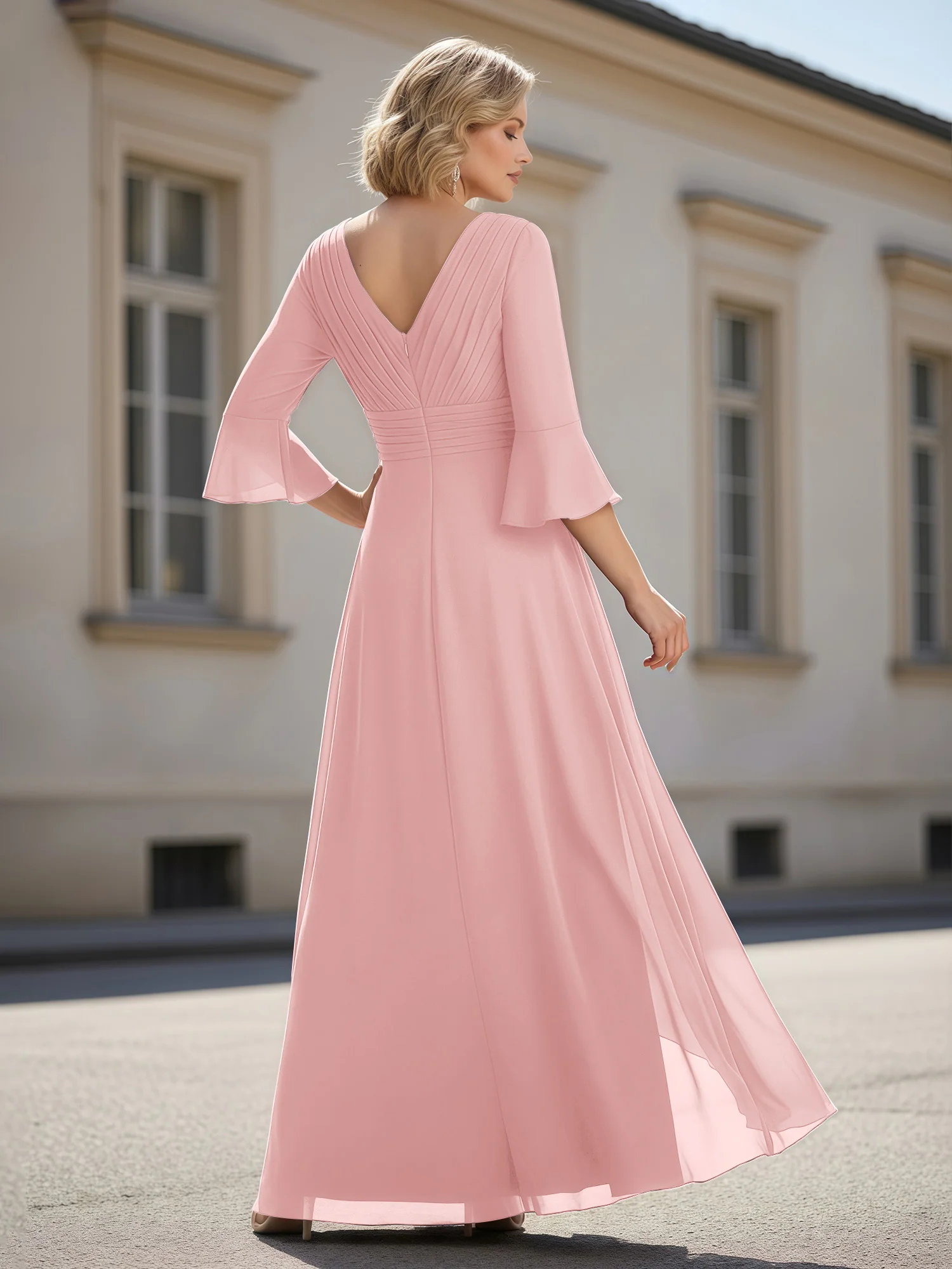 3/4 Sleeves Pleated V-neck Ruffles A-Line Dress Dusty Rose - Image 2