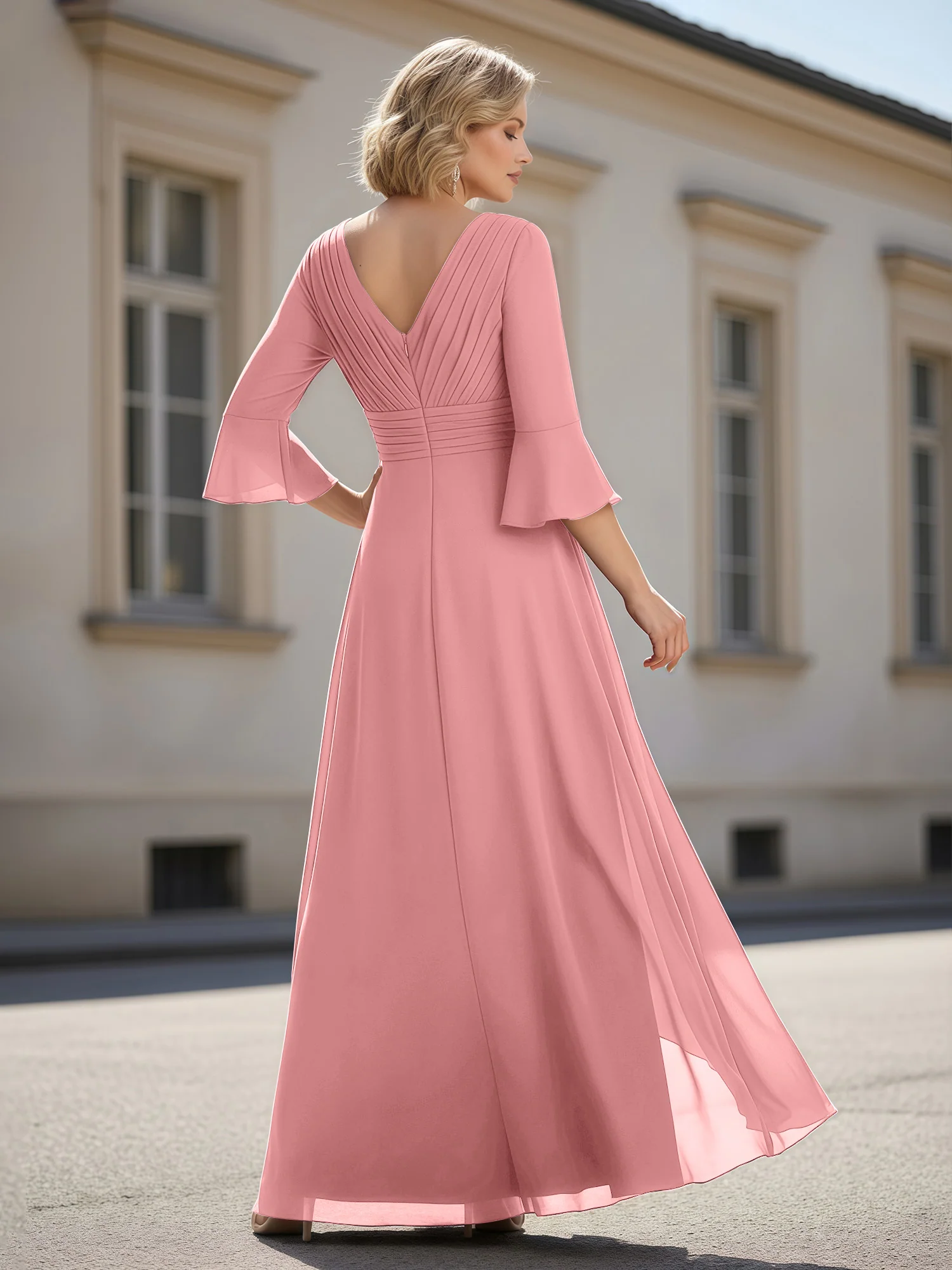 3/4 Sleeves Pleated V-neck Ruffles A-Line Dress Flamingo - Image 2