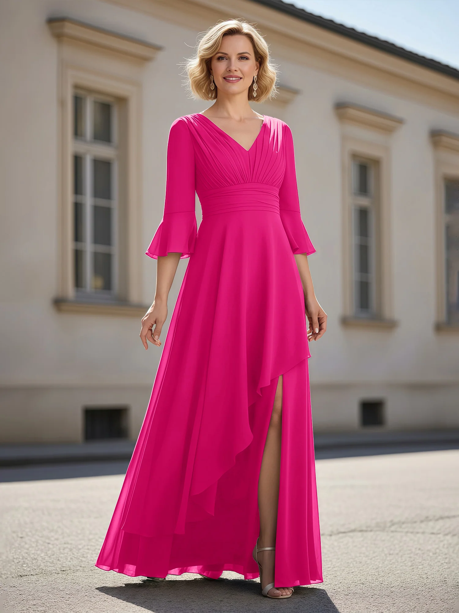 3/4 Sleeves Pleated V-neck Ruffles A-Line Dress Fuchsia