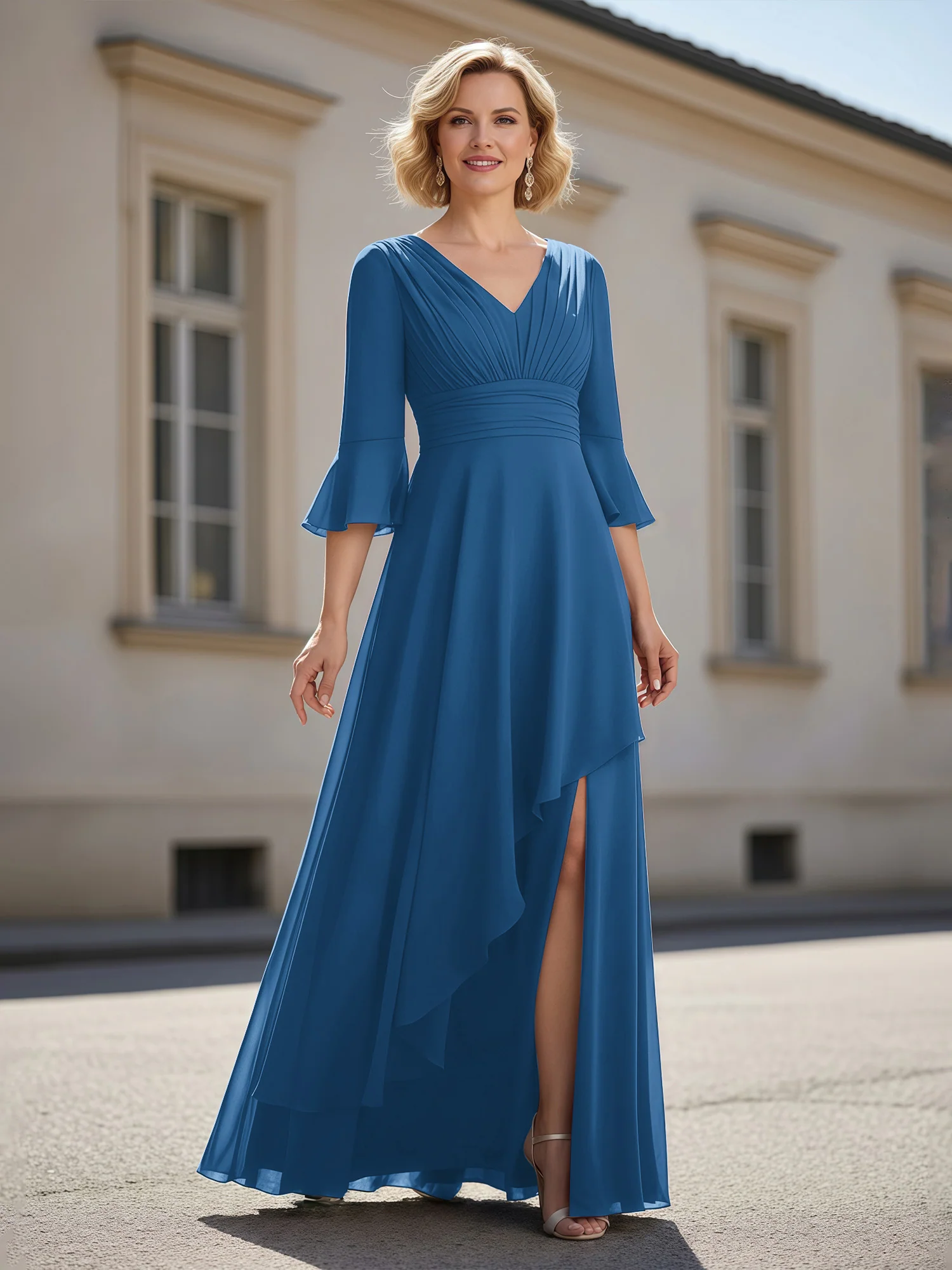 3/4 Sleeves Pleated V-neck Ruffles A-Line Dress Ink Blue