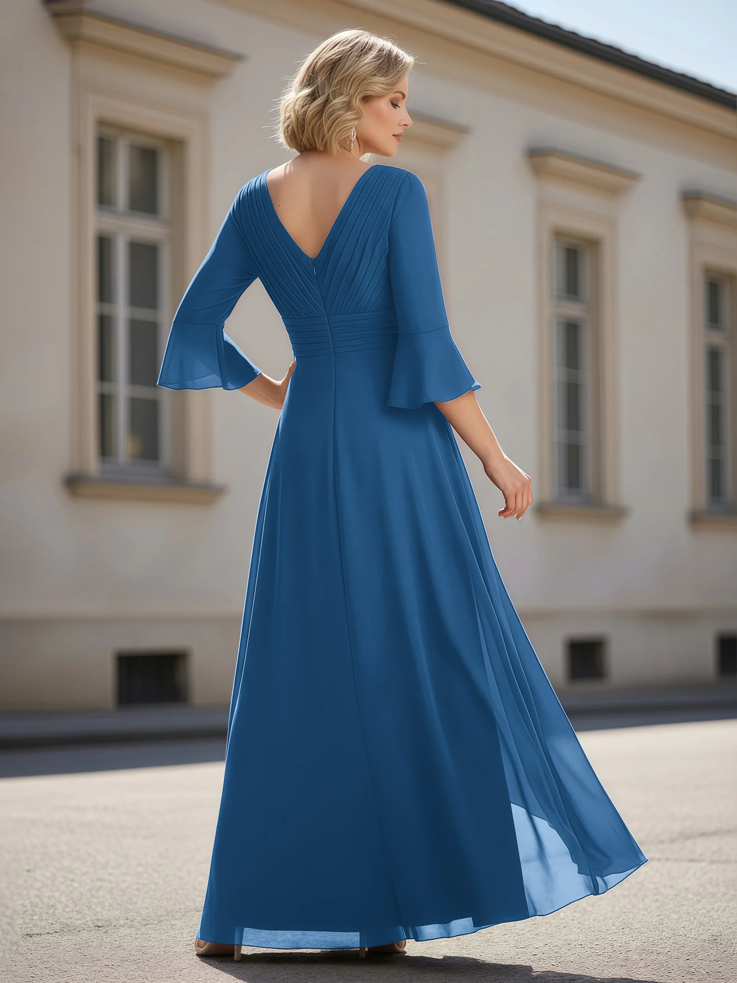 3/4 Sleeves Pleated V-neck Ruffles A-Line Dress Ink Blue - Image 2
