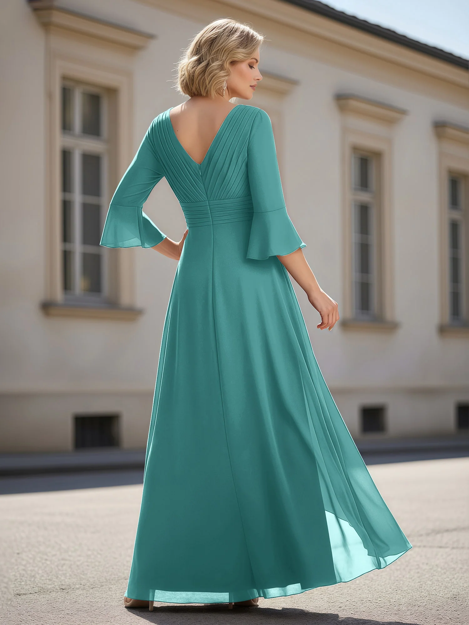 3/4 Sleeves Pleated V-neck Ruffles A-Line Dress Jade - Image 2