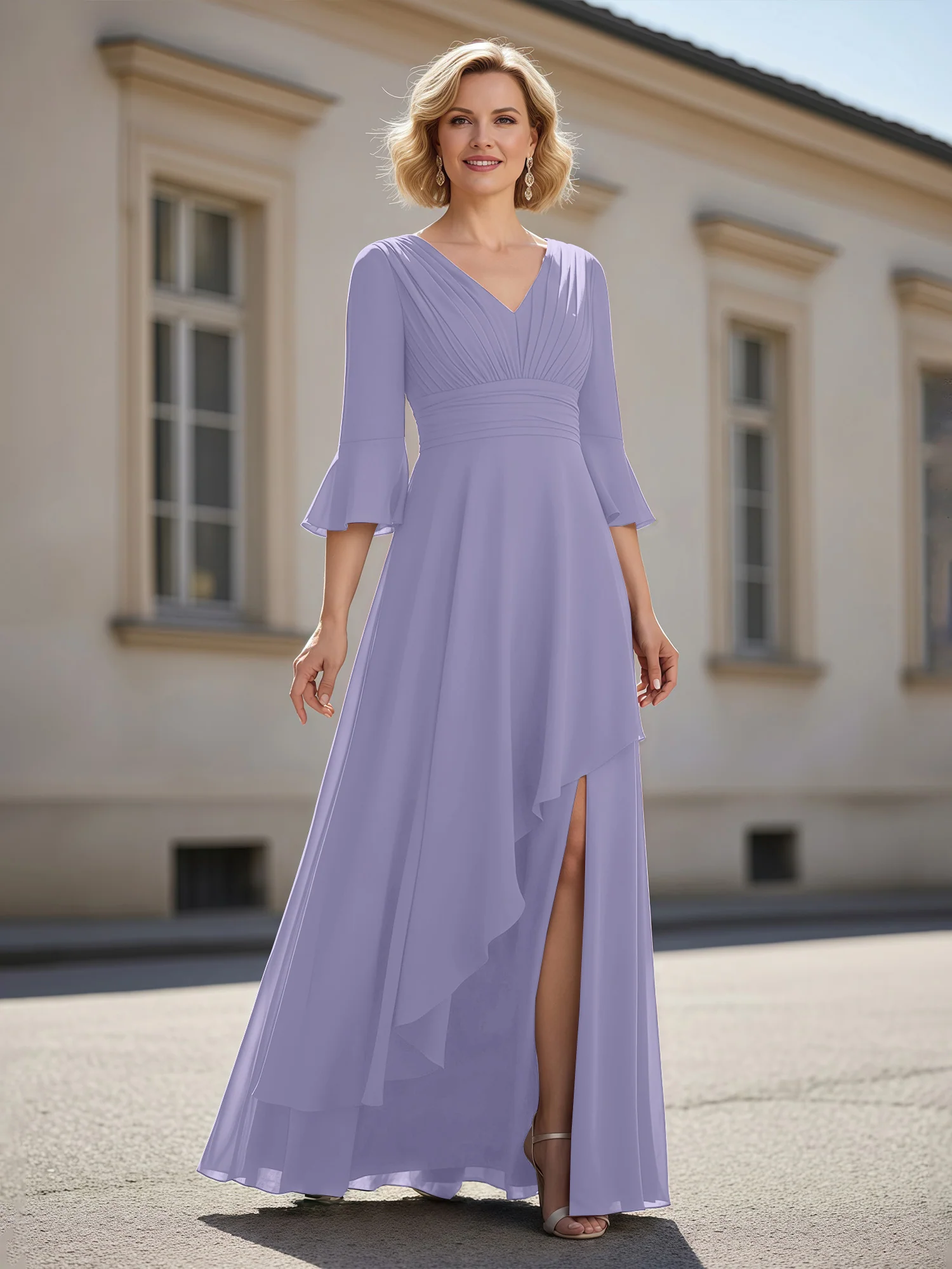 3/4 Sleeves Pleated V-neck Ruffles A-Line Dress Lavender