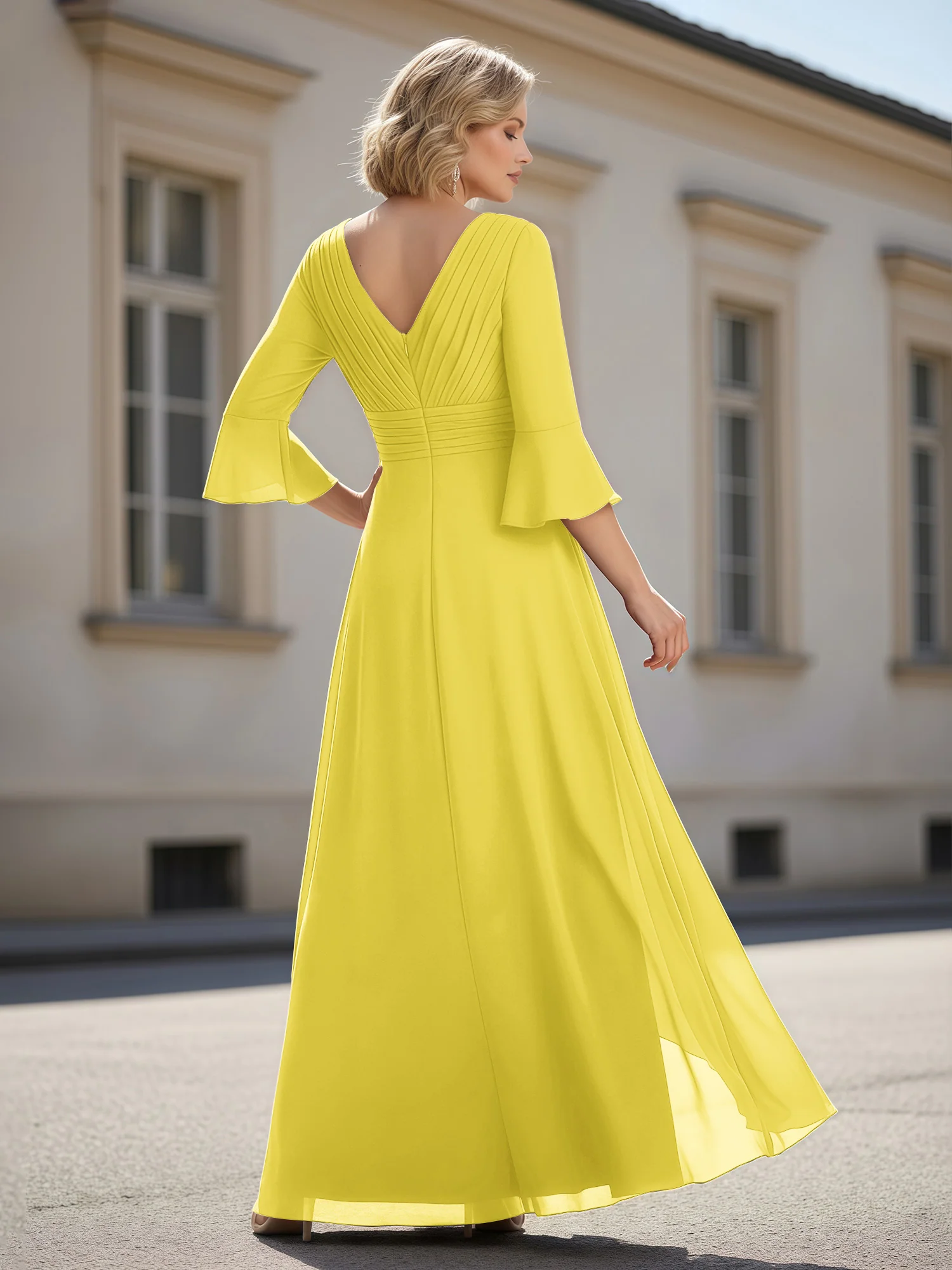 3/4 Sleeves Pleated V-neck Ruffles A-Line Dress Lemon - Image 2
