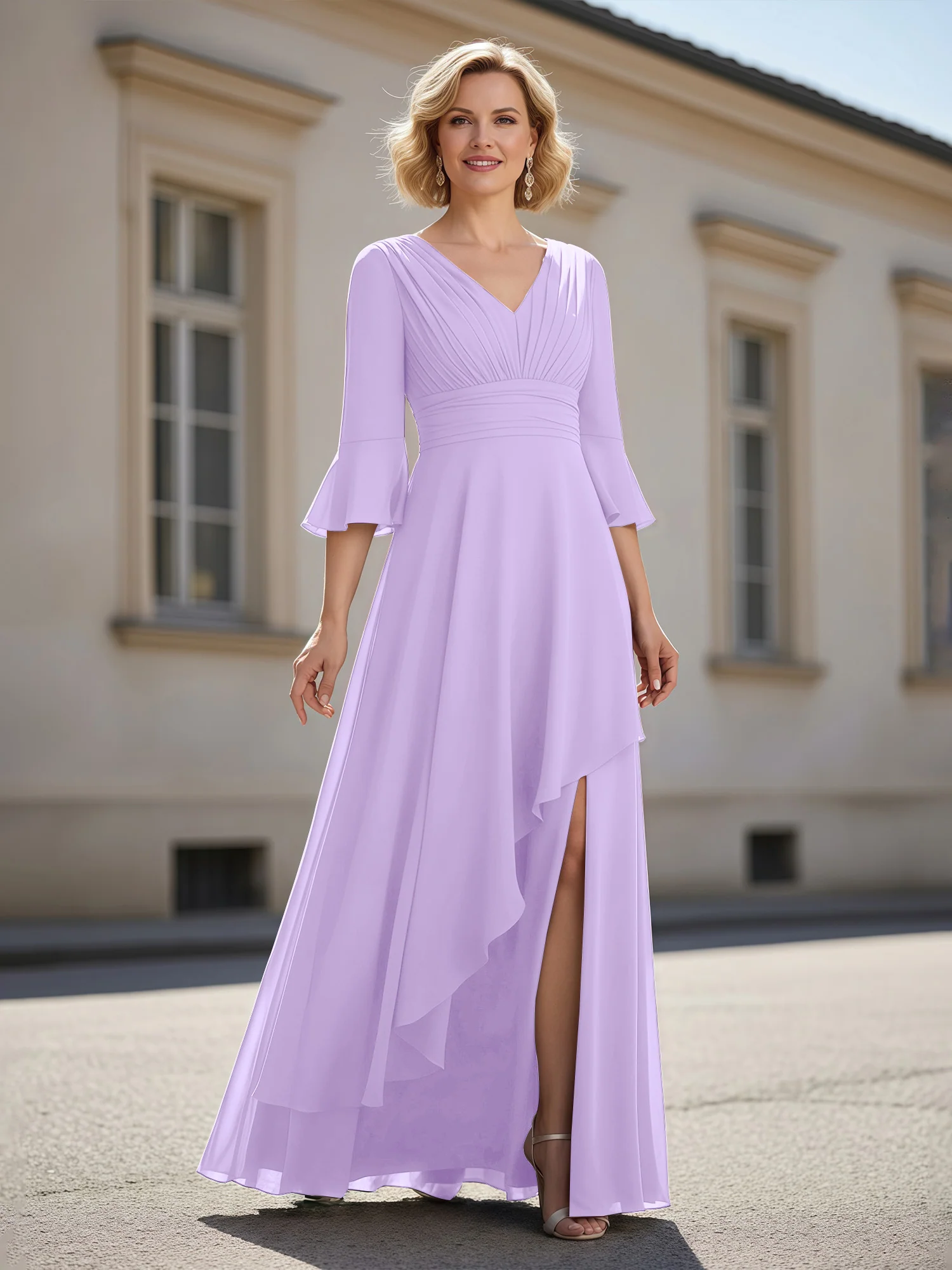 3/4 Sleeves Pleated V-neck Ruffles A-Line Dress Lilac