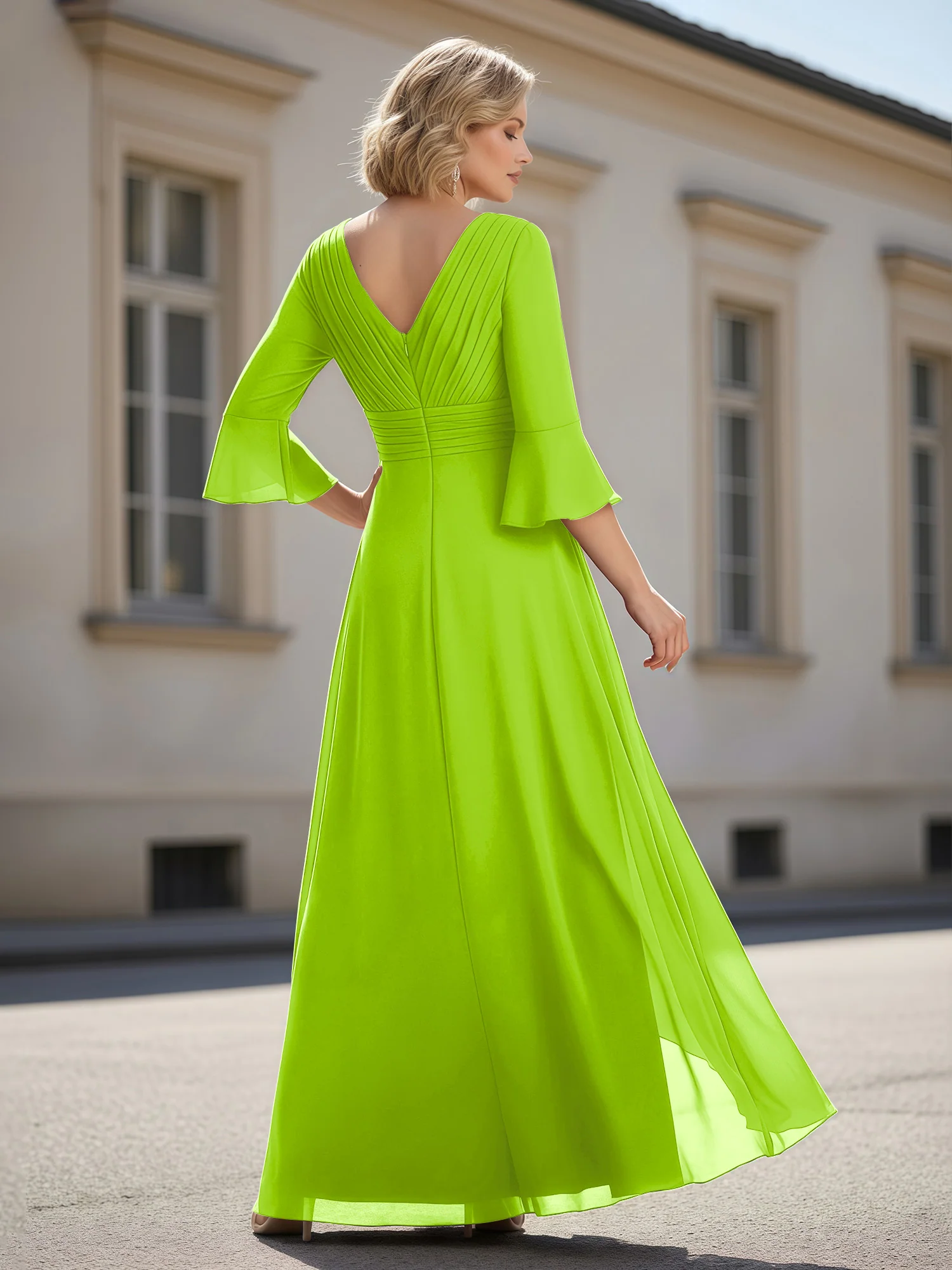 3/4 Sleeves Pleated V-neck Ruffles A-Line Dress Lime Green - Image 2