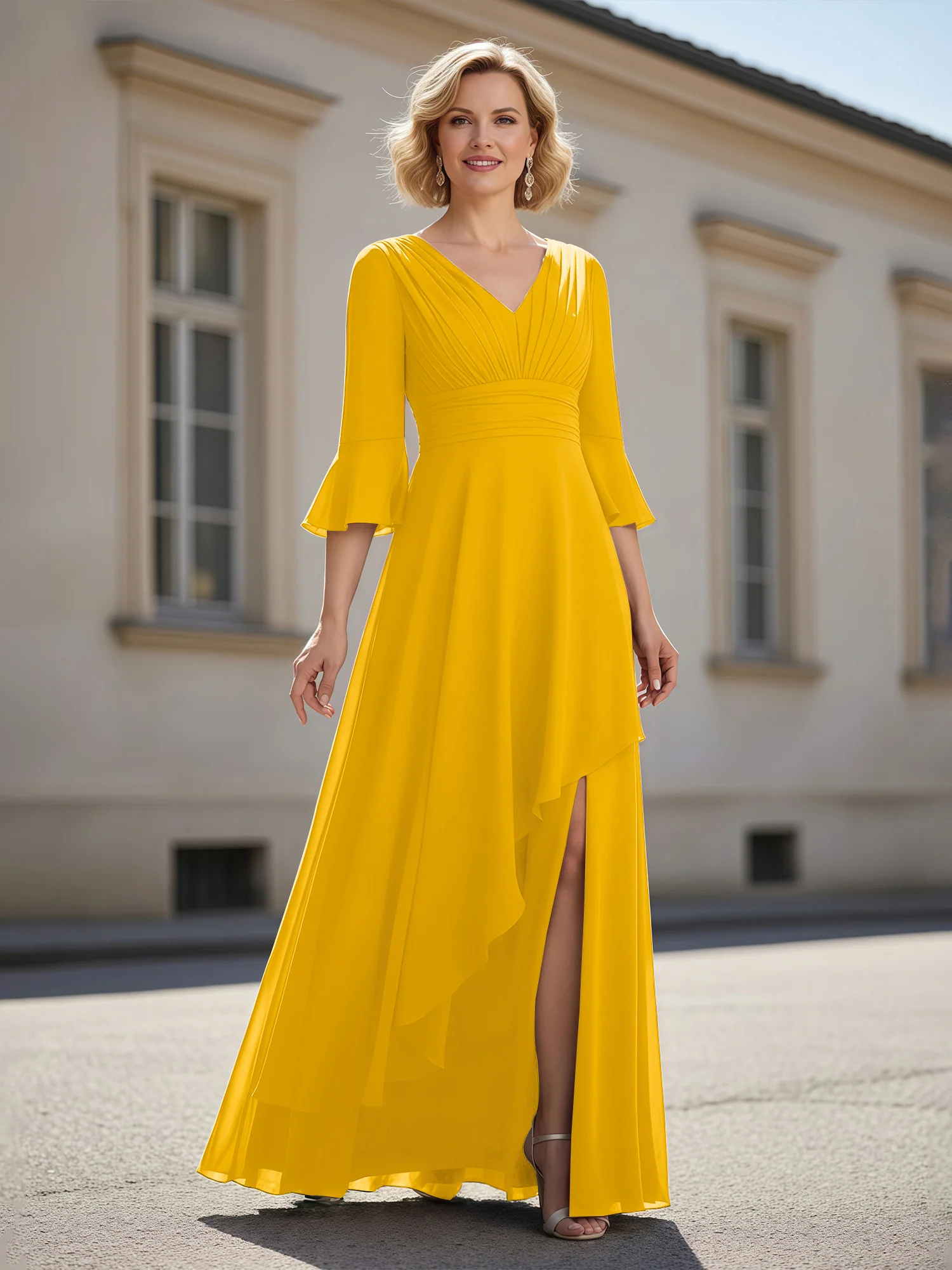 3/4 Sleeves Pleated V-neck Ruffles A-Line Dress Marigold