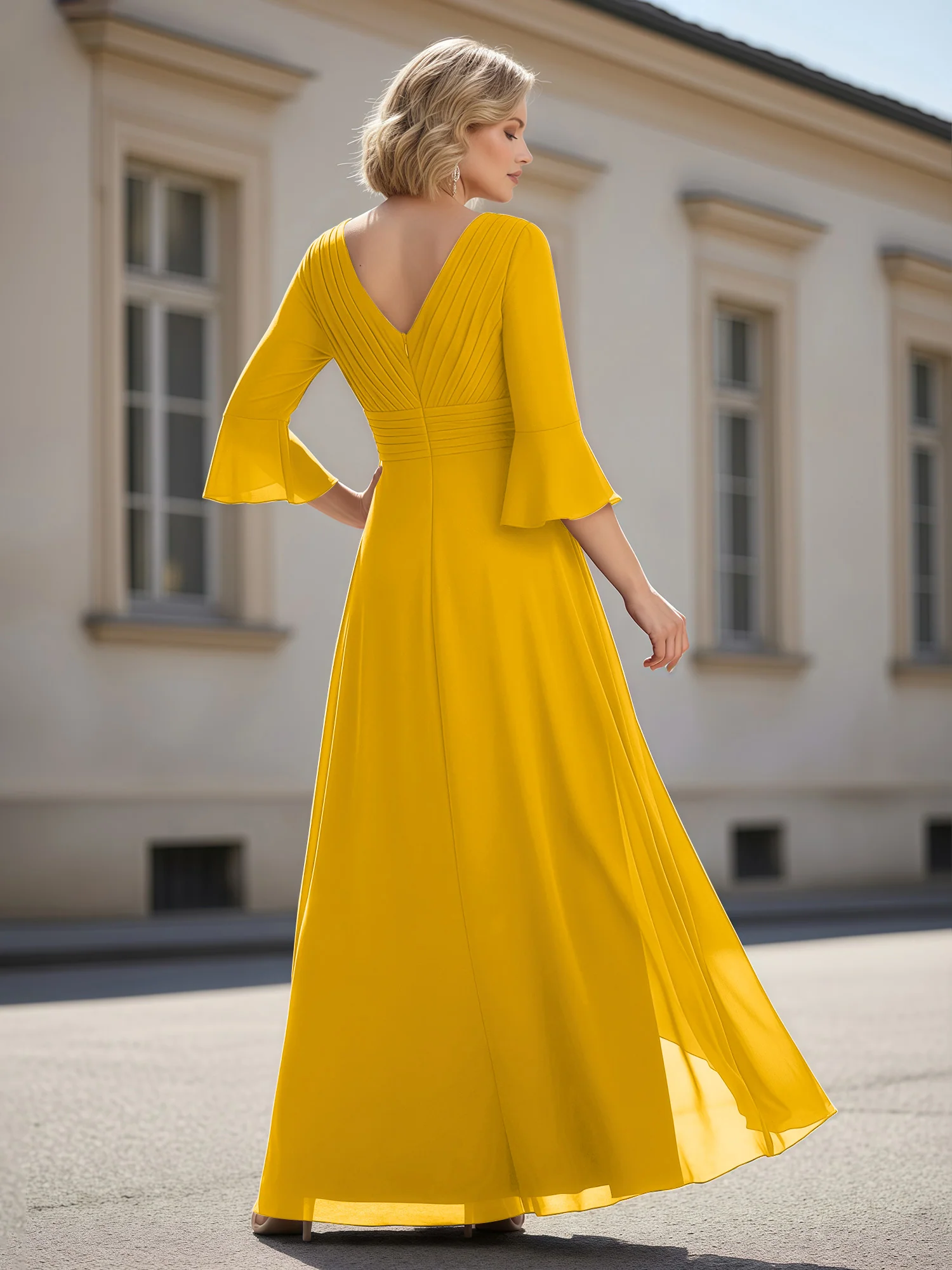 3/4 Sleeves Pleated V-neck Ruffles A-Line Dress Marigold - Image 2