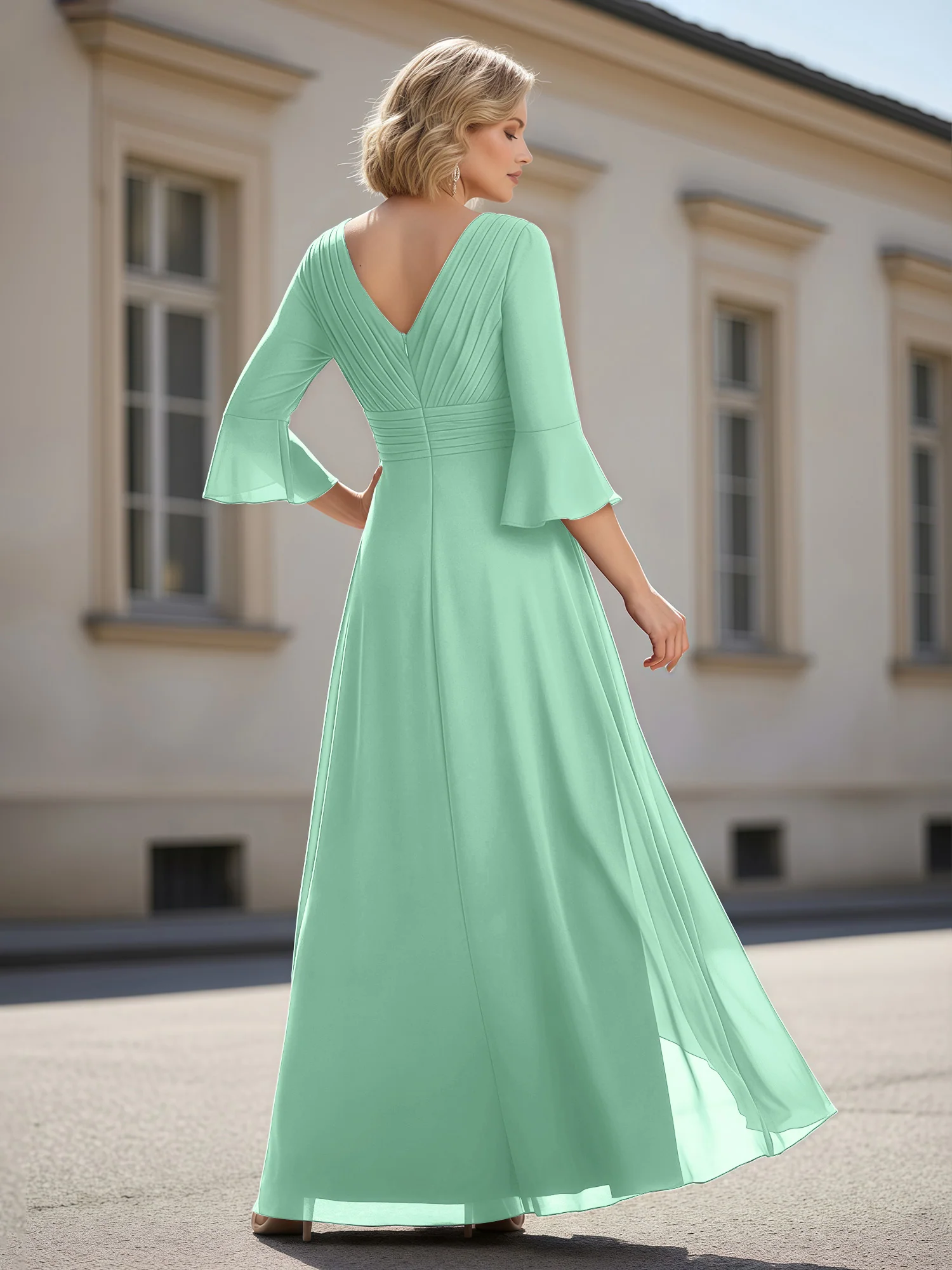 3/4 Sleeves Pleated V-neck Ruffles A-Line Dress Mint Green - Image 2