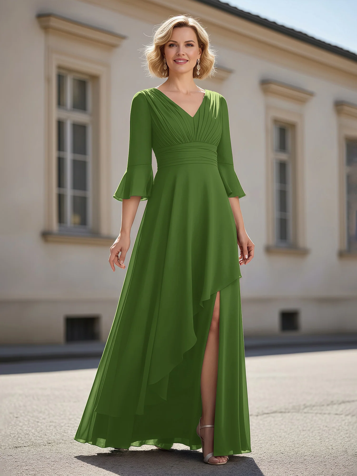 3/4 Sleeves Pleated V-neck Ruffles A-Line Dress Moss