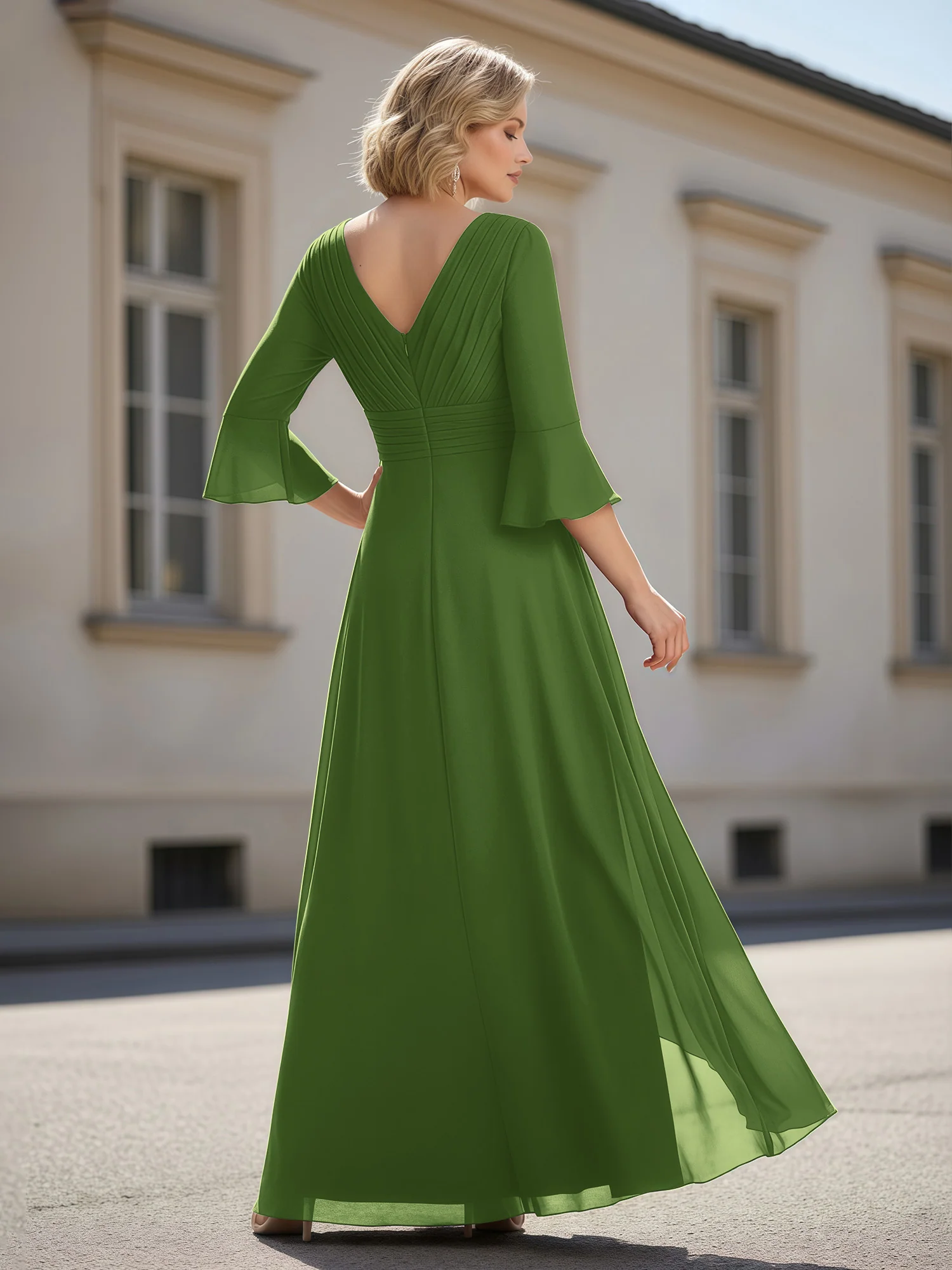 3/4 Sleeves Pleated V-neck Ruffles A-Line Dress Moss - Image 2